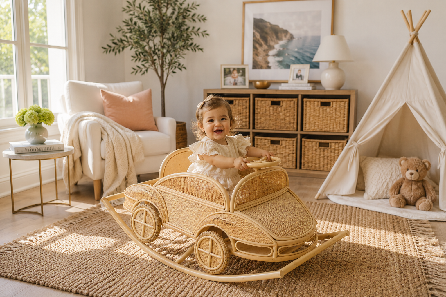 Vintage Inspired Rattan Rocking Car for Toddlers