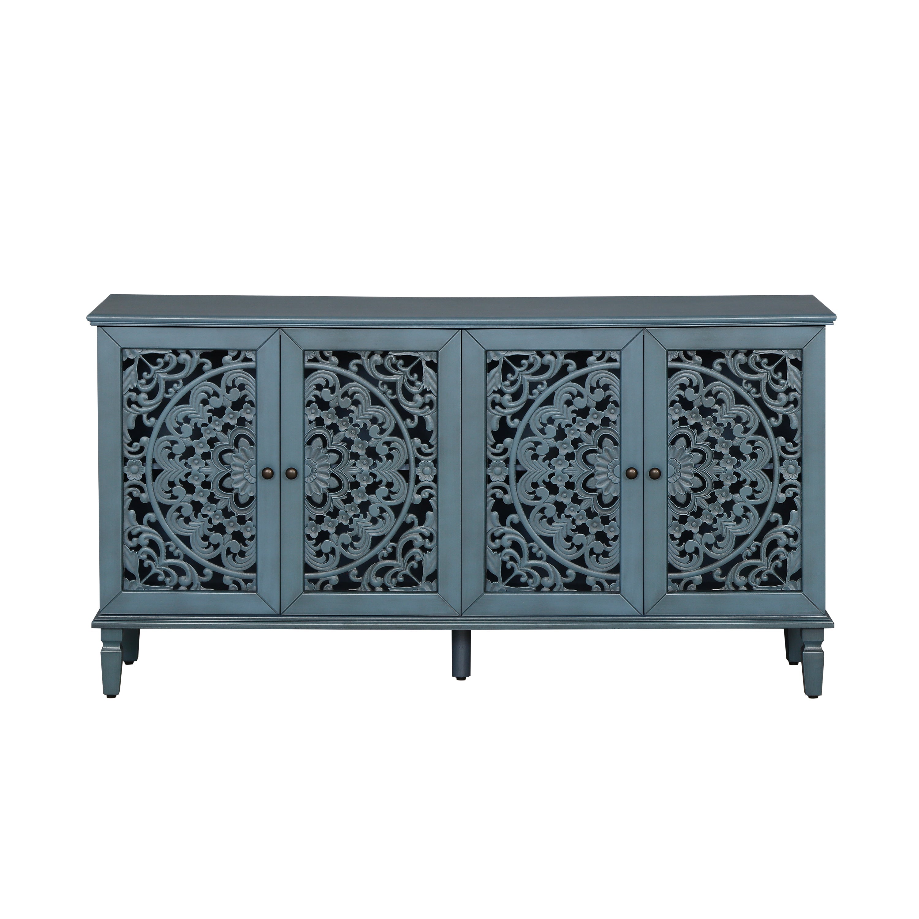 60" Antique Buffet Cabinet with Floral Carvings and Adjustable Shelves