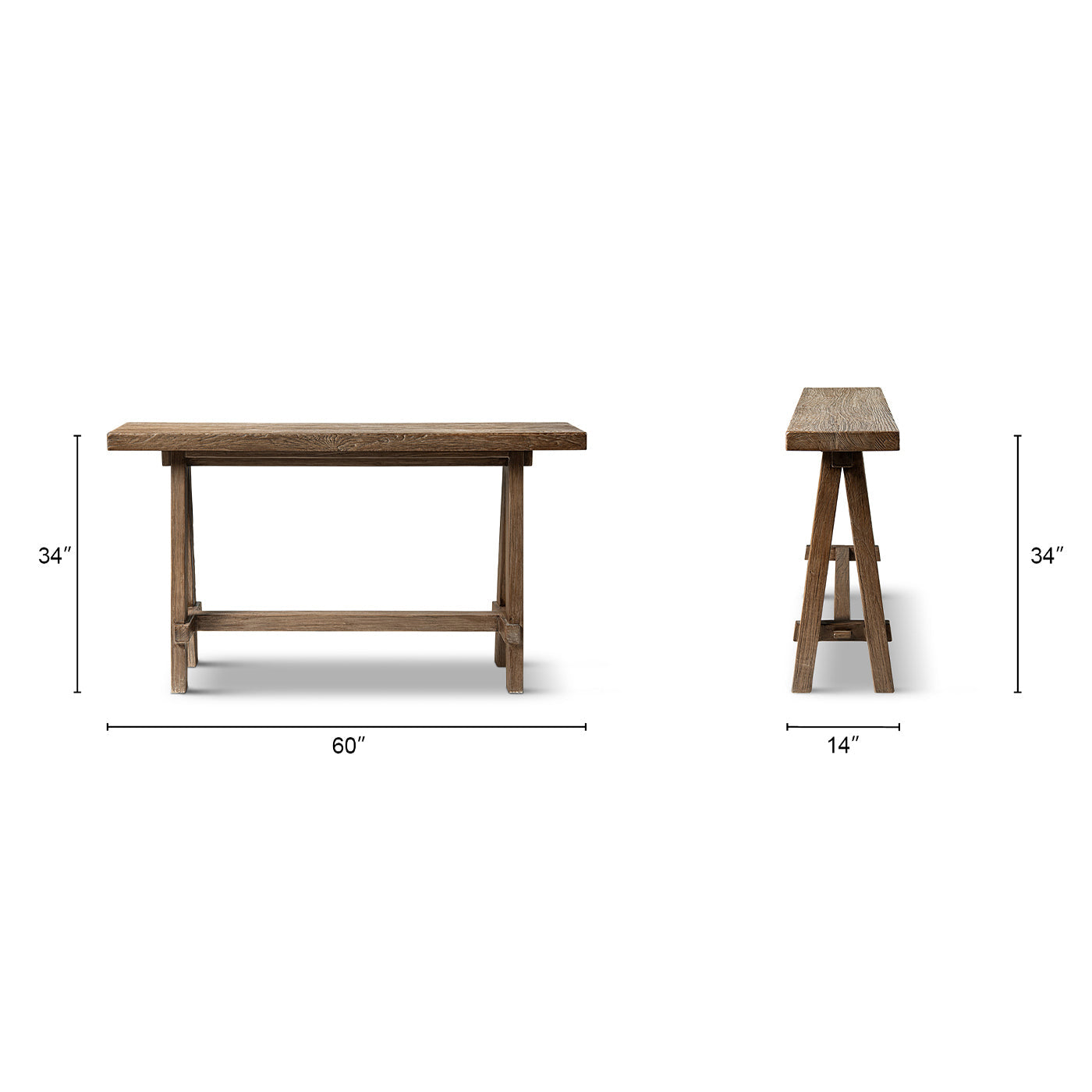 Hawthorne 60'' Solid Reclaimed Elm Trestle Console Table, Heritage Medium-Dark Brown
