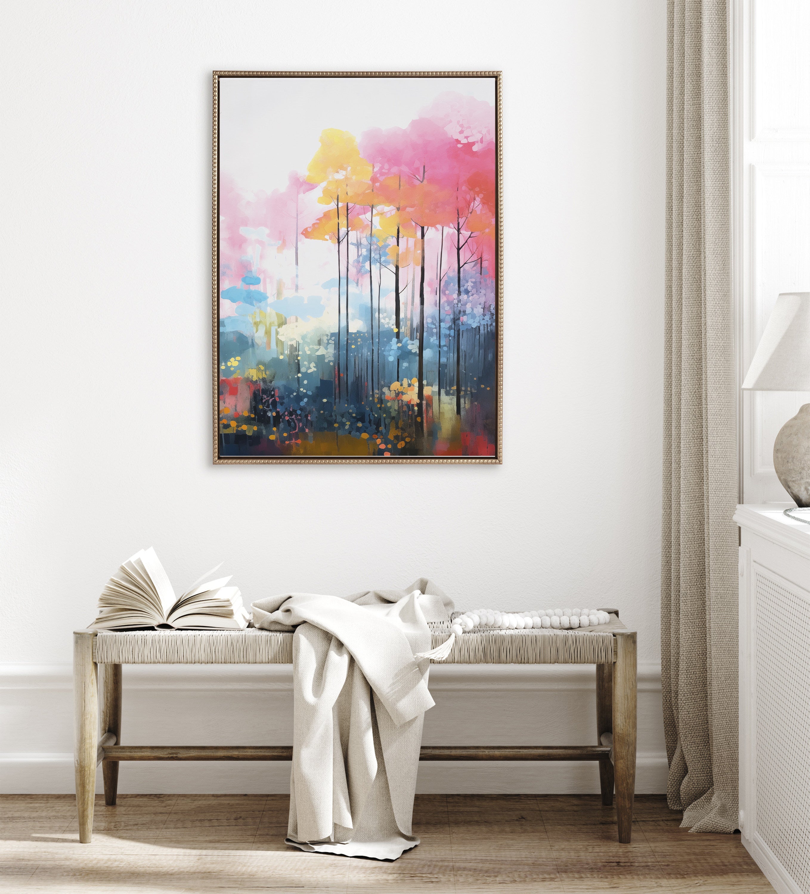 Sylvie Beaded Colorful Forest Landscape Framed Canvas by The Creative Bunch Studio