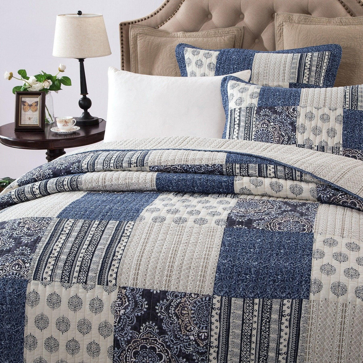 Bedding Denim Blue Patchwork Cotton Quilt Set