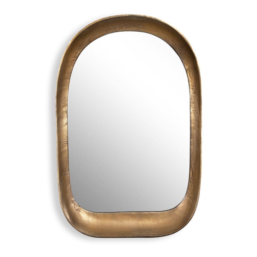 Front view of arched mirror with antique brass frame