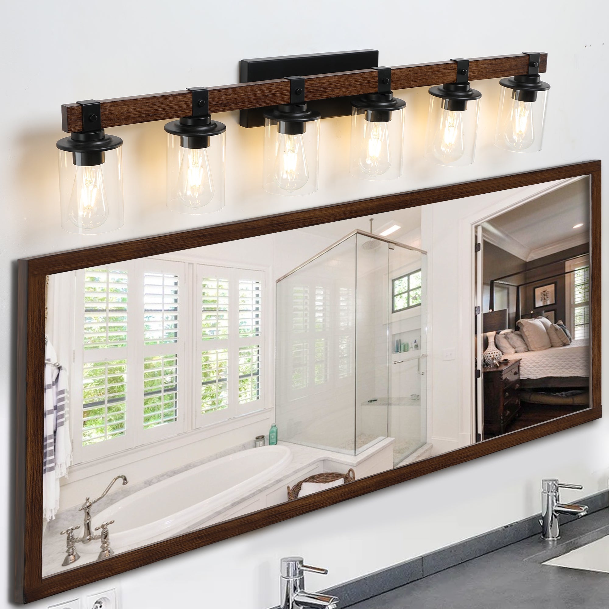 42" Rustic 6-Light Wall Sconce with Glass and Wood Accent