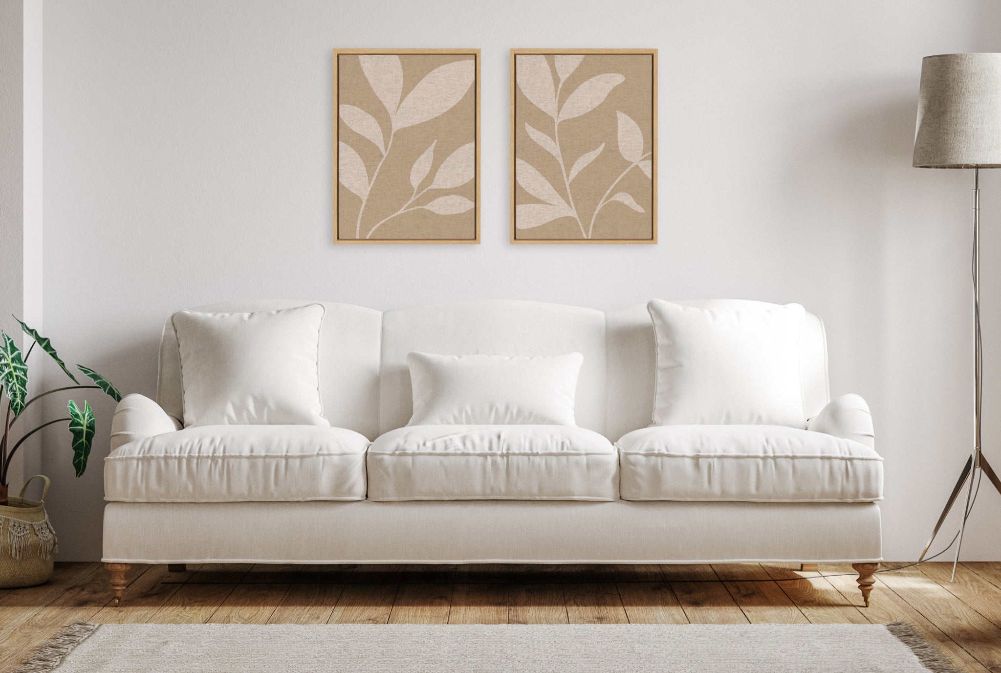 Sylvie Modern Neutral Botanical Abstract Print No 2 and 3 Neutral Linen Framed Canvas Art Set by The Creative Bunch Studio