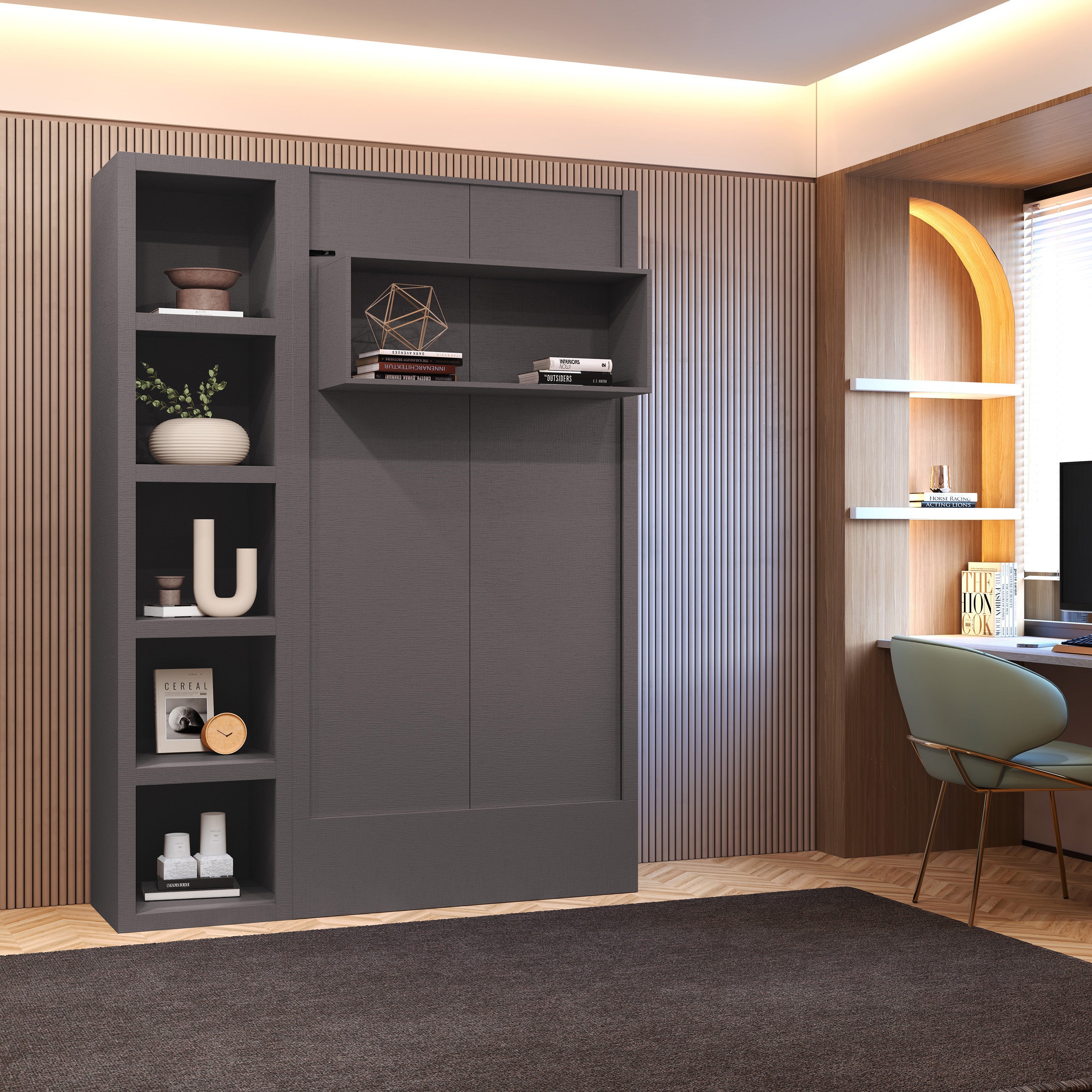 Easy-Lift Twin Murphy Wall Bed in Dark Grey with Bookshelf