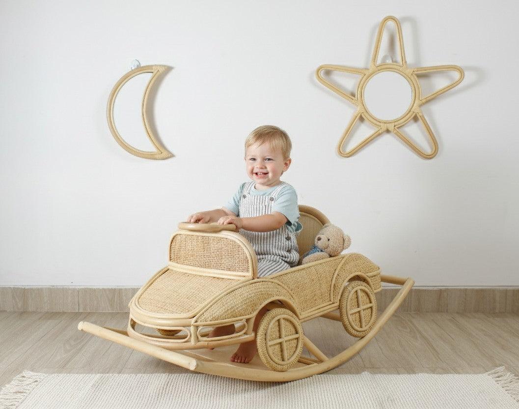 Vintage Inspired Rattan Rocking Car for Toddlers