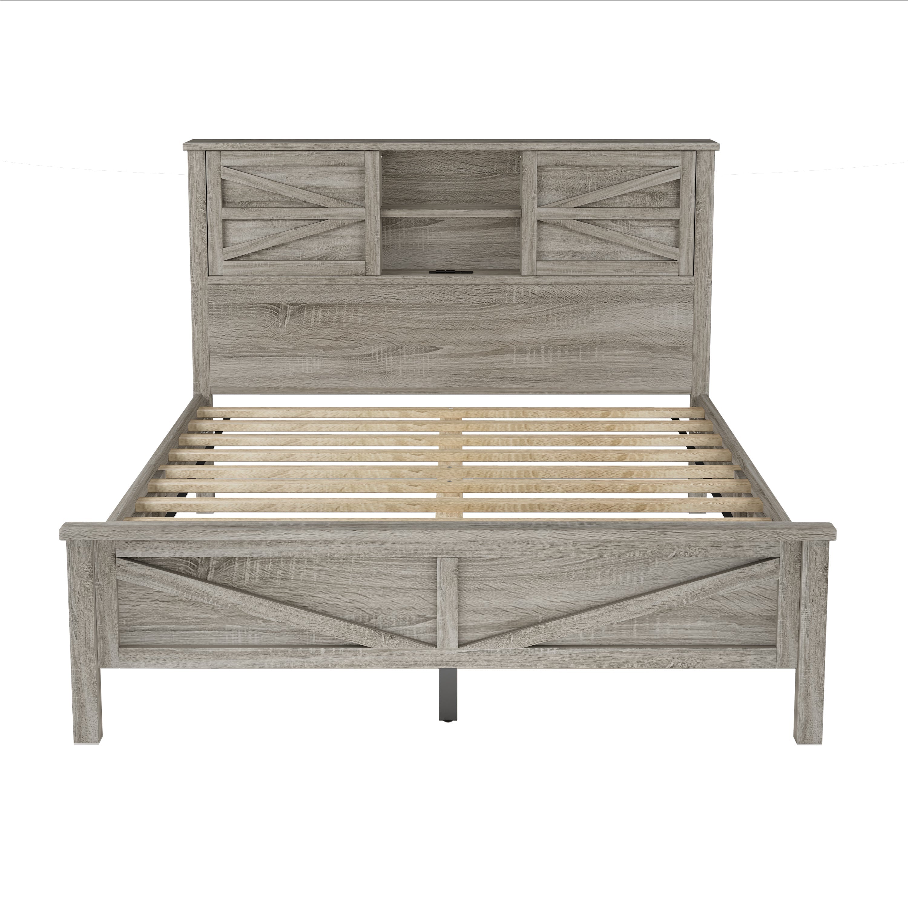3-Pieces Bedroom Set Queen Size Farmhouse Platform Bed with Storage Headboard and Charging Station