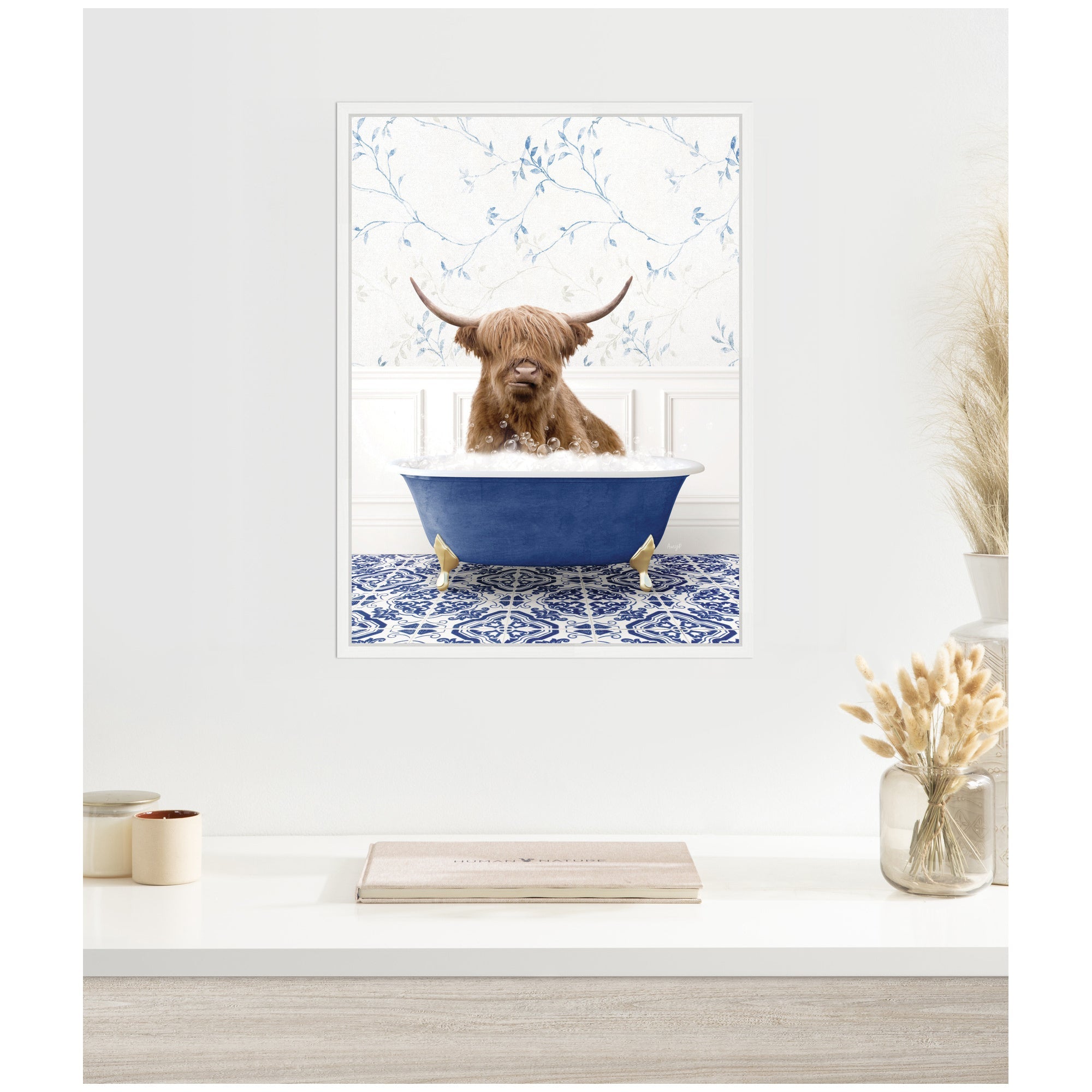 Sylvie Highland Cow in Eclectic Blue Bathtub Framed Canvas by Amy Peterson