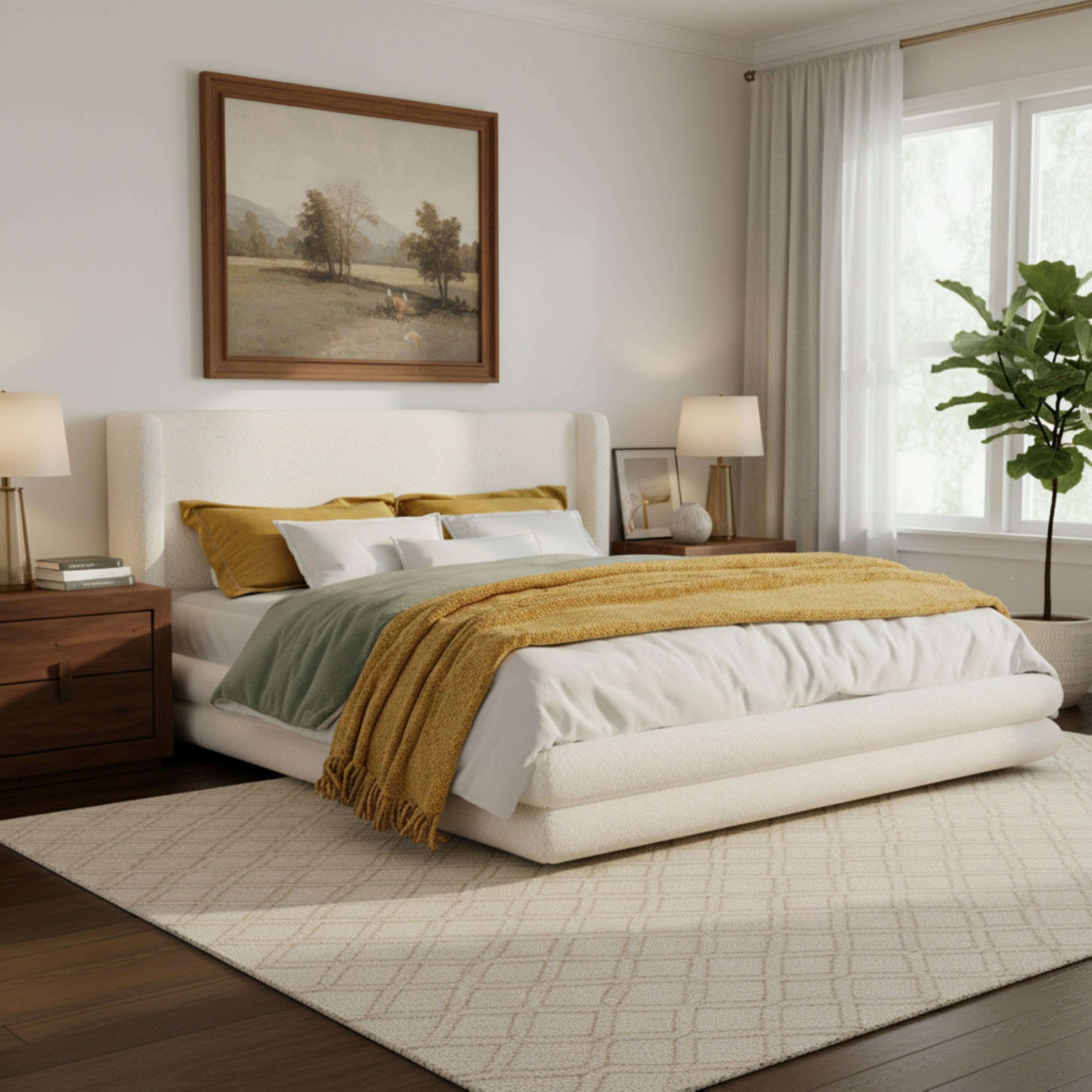 King Size Upholstered Bed Frame With Boucle Thick Wingback Headboard