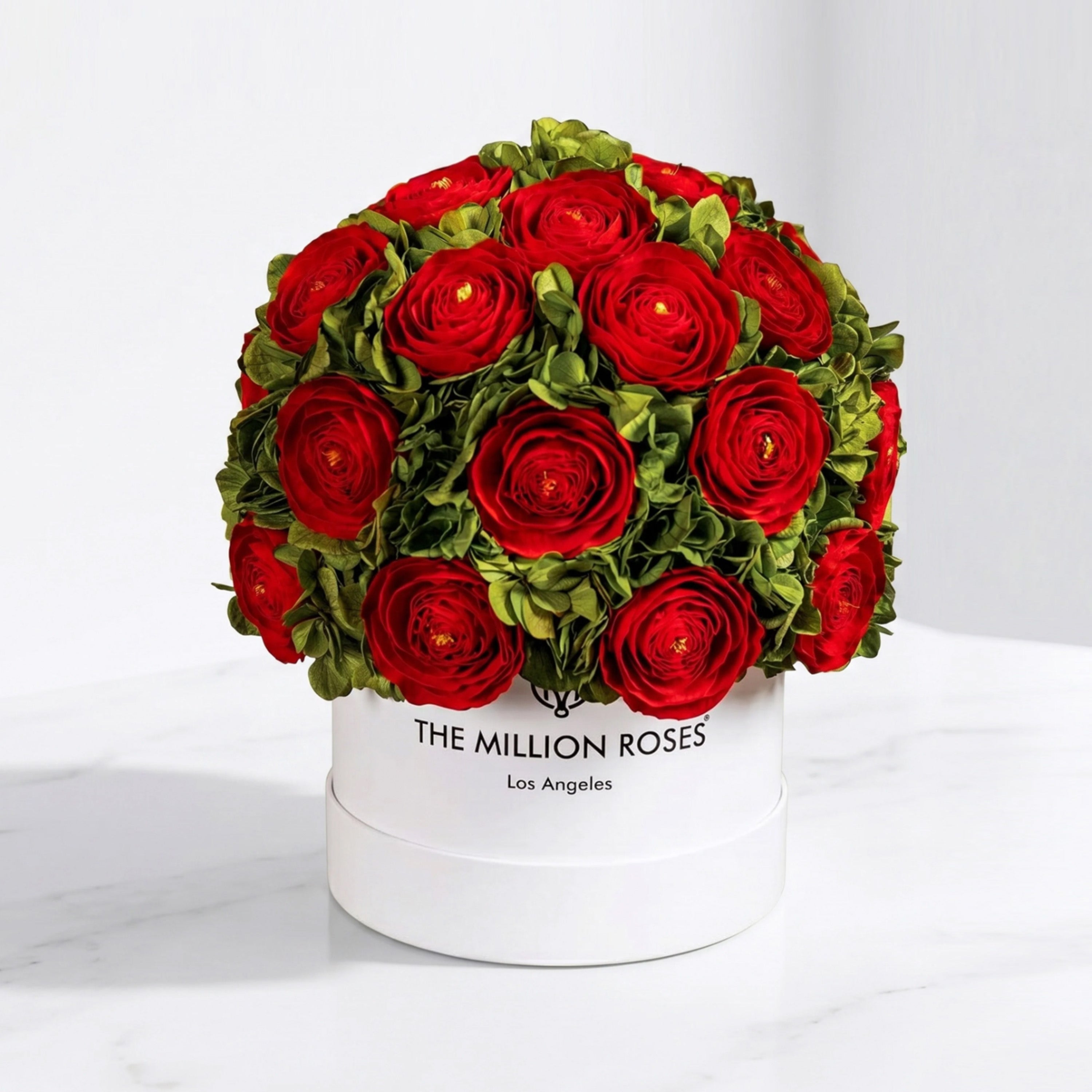 Classic White Box | Red Persian Buttercups & Green Hydrangeas