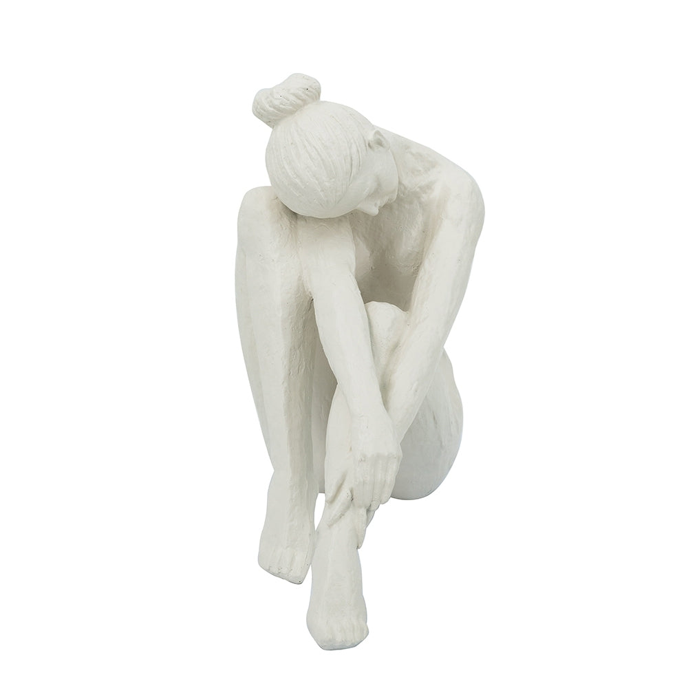 10.5x4.5x9' Seated Stone and Resin Woman Figurine with Smooth White Finish