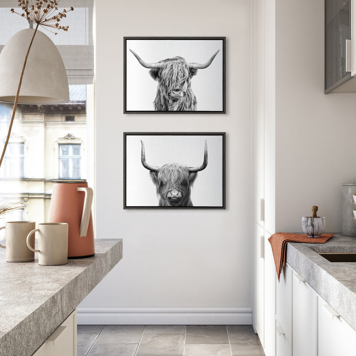 Sylvie Highland and Highland Cow 2 Framed Canvas by Simon Te of Tai Prints