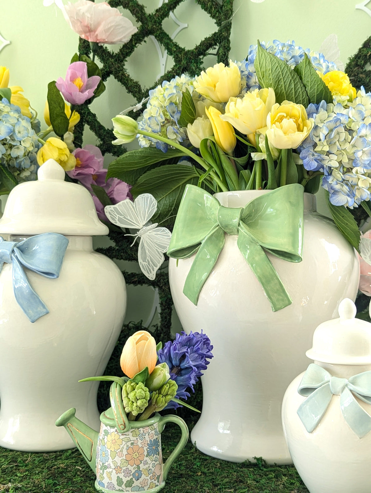 Ginger Jars with Sculpted Ceramic Bow in Moss Green