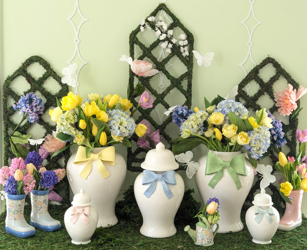 Ginger Jars with Sculpted Ceramic Bow in Hydrangea Light Blue