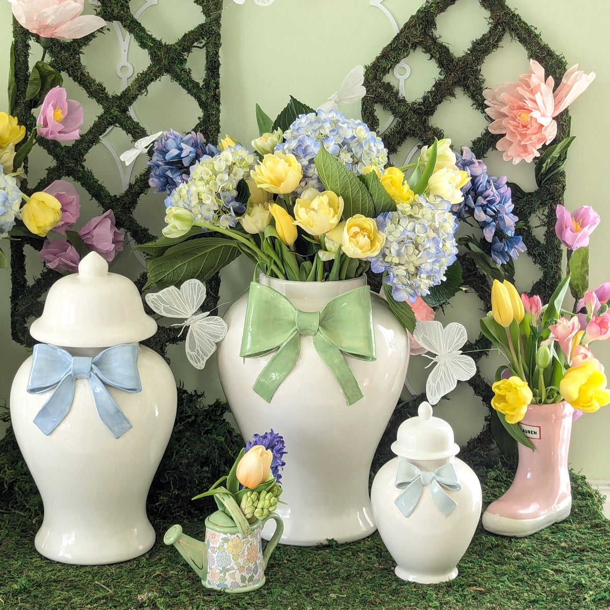Ginger Jars with Sculpted Ceramic Bow in French Blue