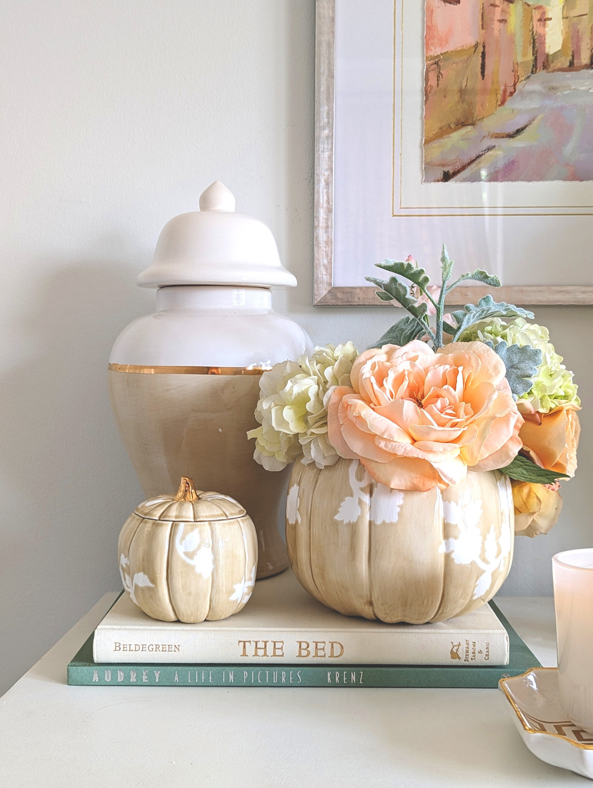 Chinoiserie Pumpkin Jars with 22K Gold Accents in Sand