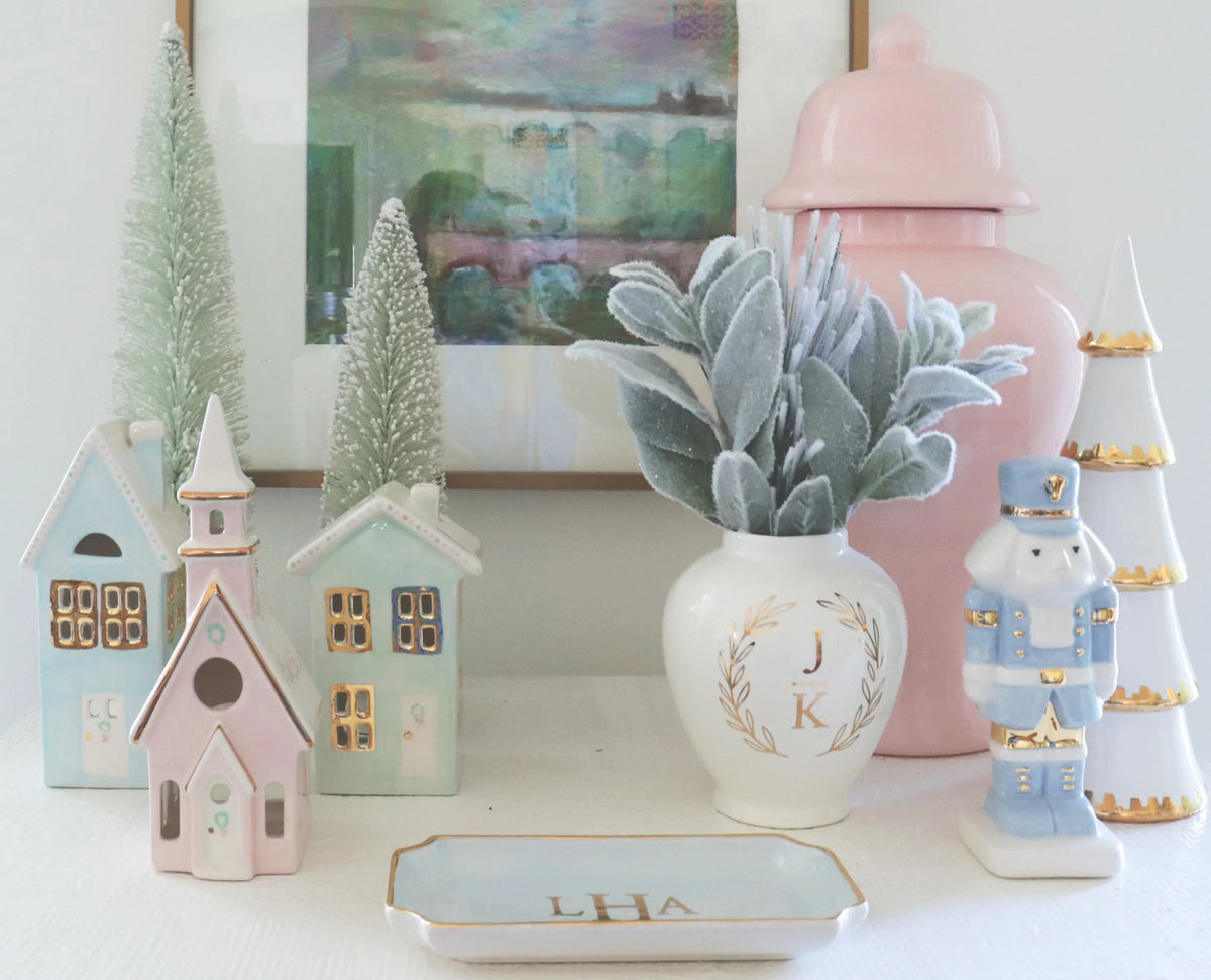 Pastel Christmas Village 3-Piece Set with 22K Gold Accents