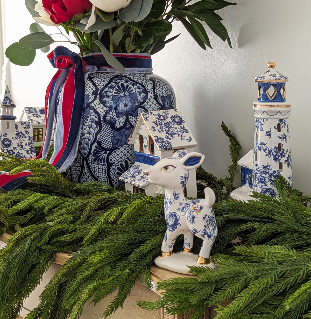 Blue and White Toile Kringle Shop with 22K Gold Accents