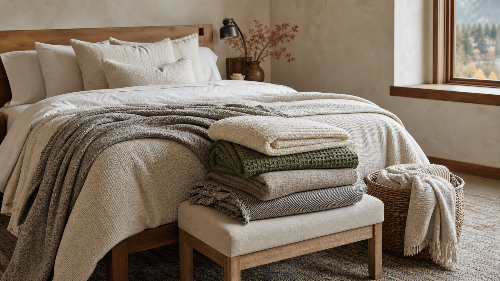 A serene Mountain Refined bedroom with layered blankets, folded throws, and a woven basket for the cozy season.