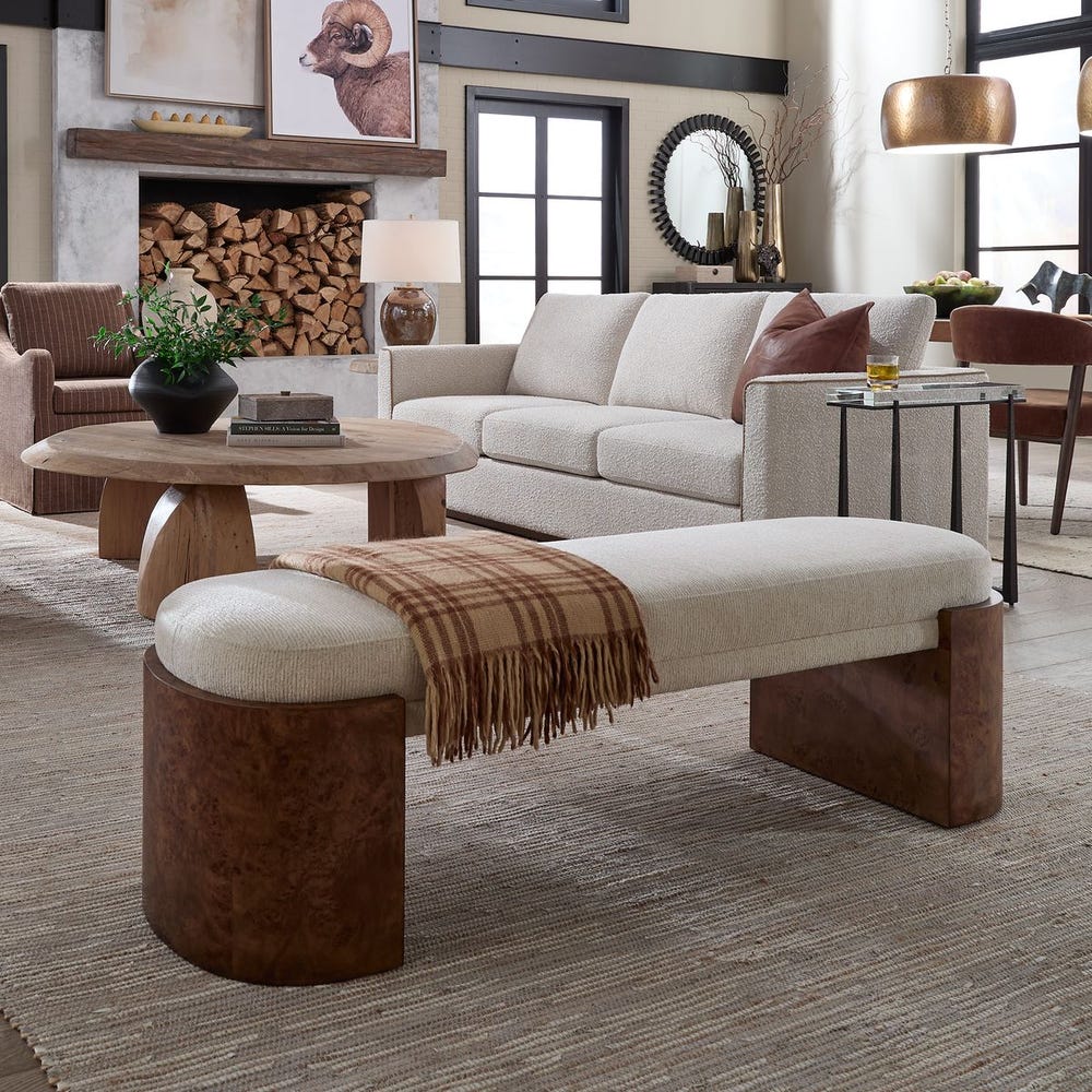 Alderidge Burl Wood Upholstered Bench