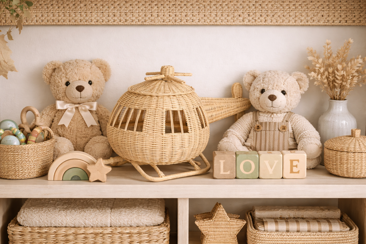 Rattan Toy Helicopter – Handcrafted Boho Pretend Play Toy for Kids | Montessori Airplane Nursery Decor