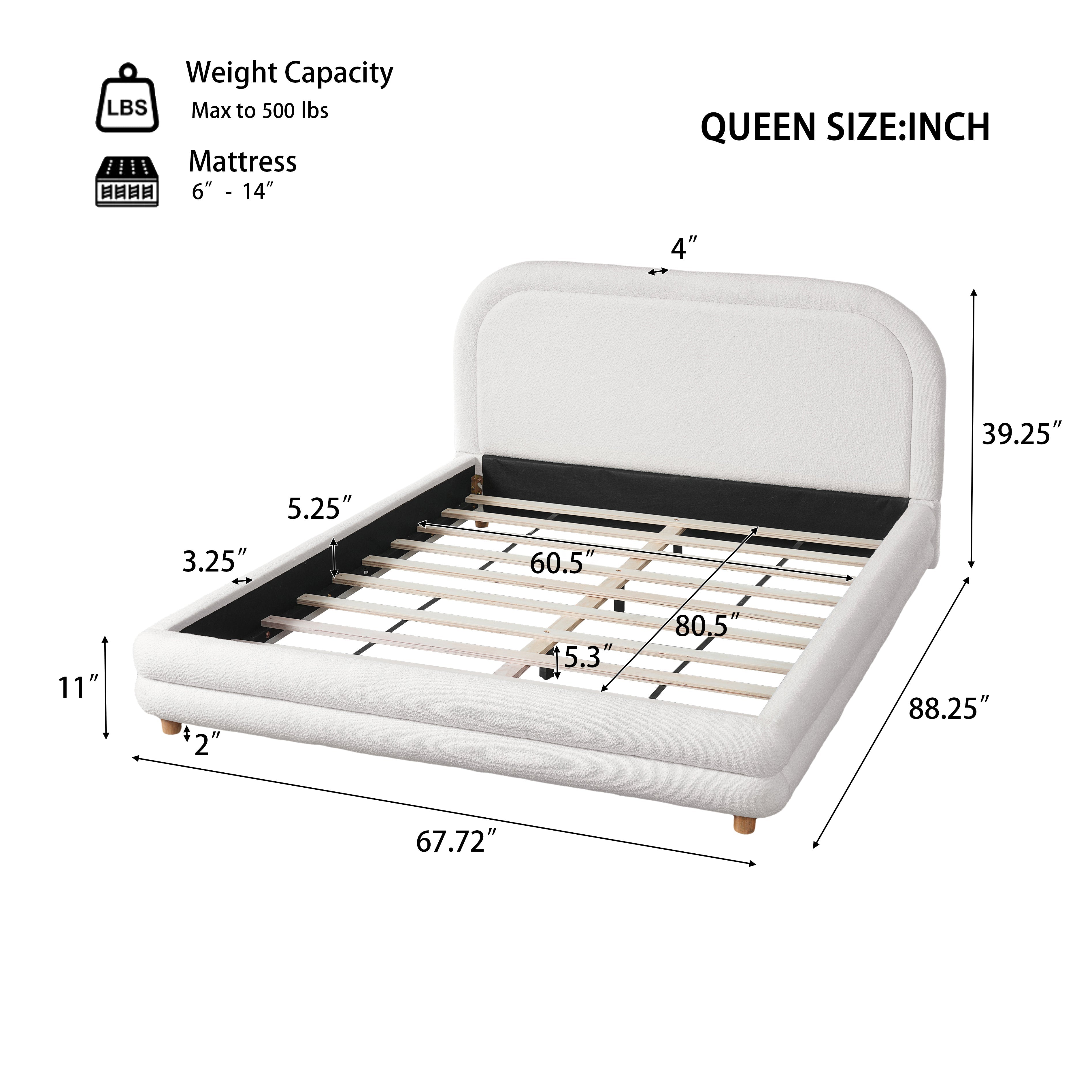 Queen Size Bed Frame With Boucle Upholstered Thick Curved Headboard, Solid Wood Legs