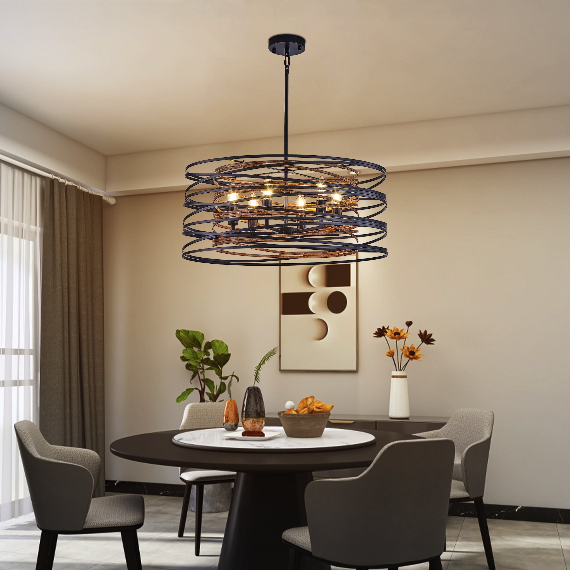 24" Rustic Industrial Black and Walnut Metal Cage Chandelier