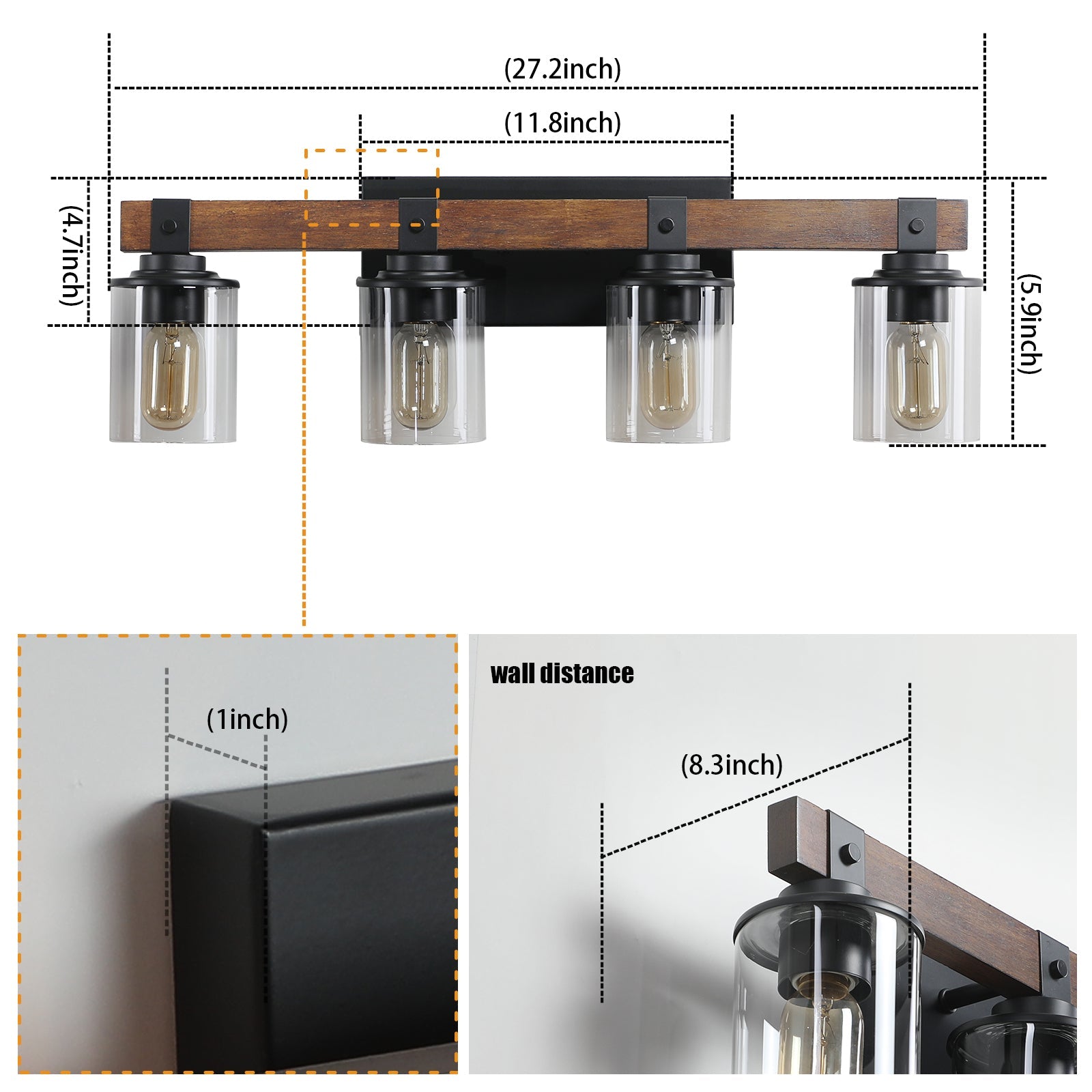 27" 4-Light Modern Farmhouse Bathroom Wall Sconce with Wood Accent