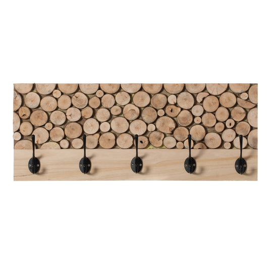 Natural Wood Hook Rack with Five Hooks for Entryway,