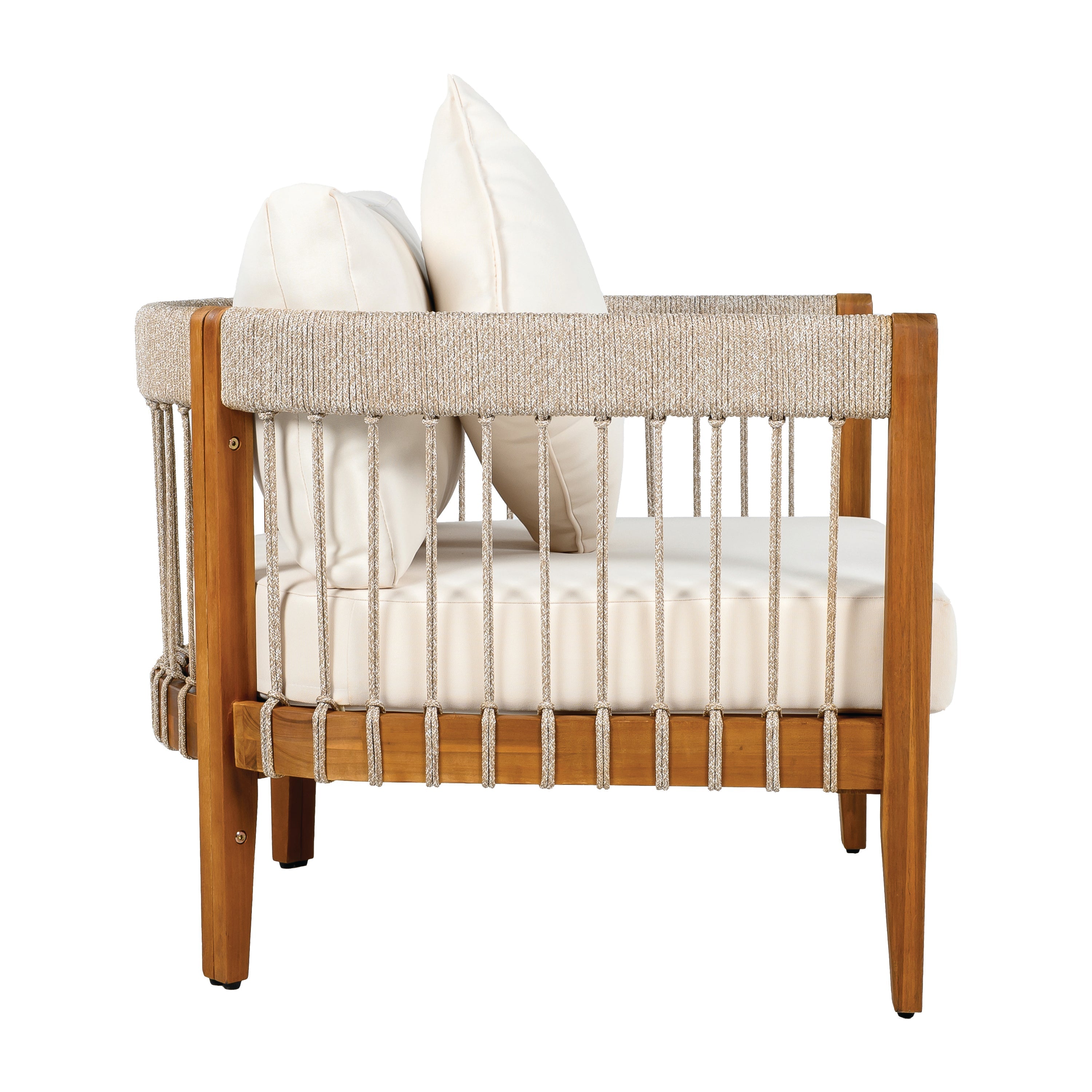 Acacia Wood Outdoor Club Chair with Handwoven Rope Accents & Curved Backrest