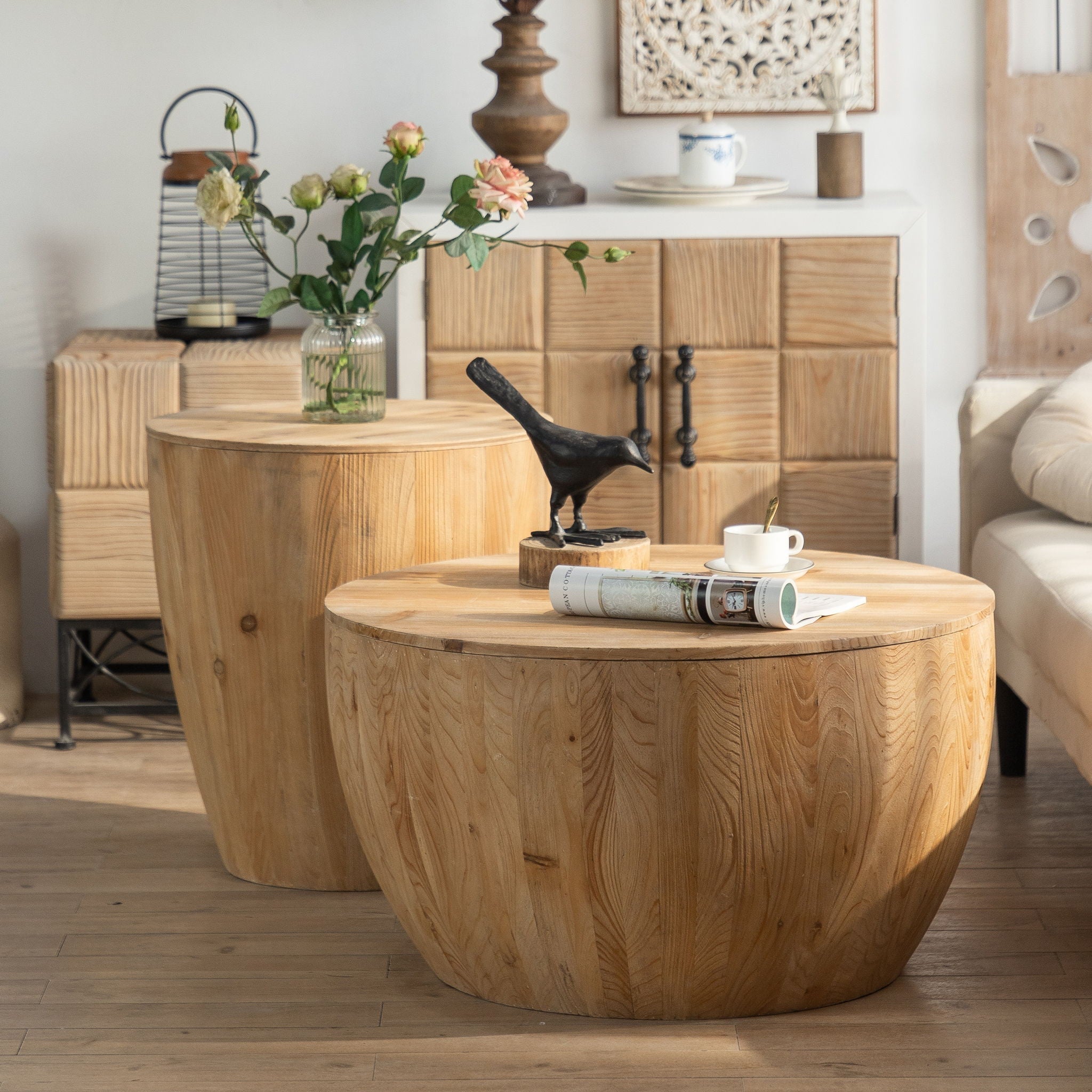Vintage Style Barrel Coffee Table With Storage