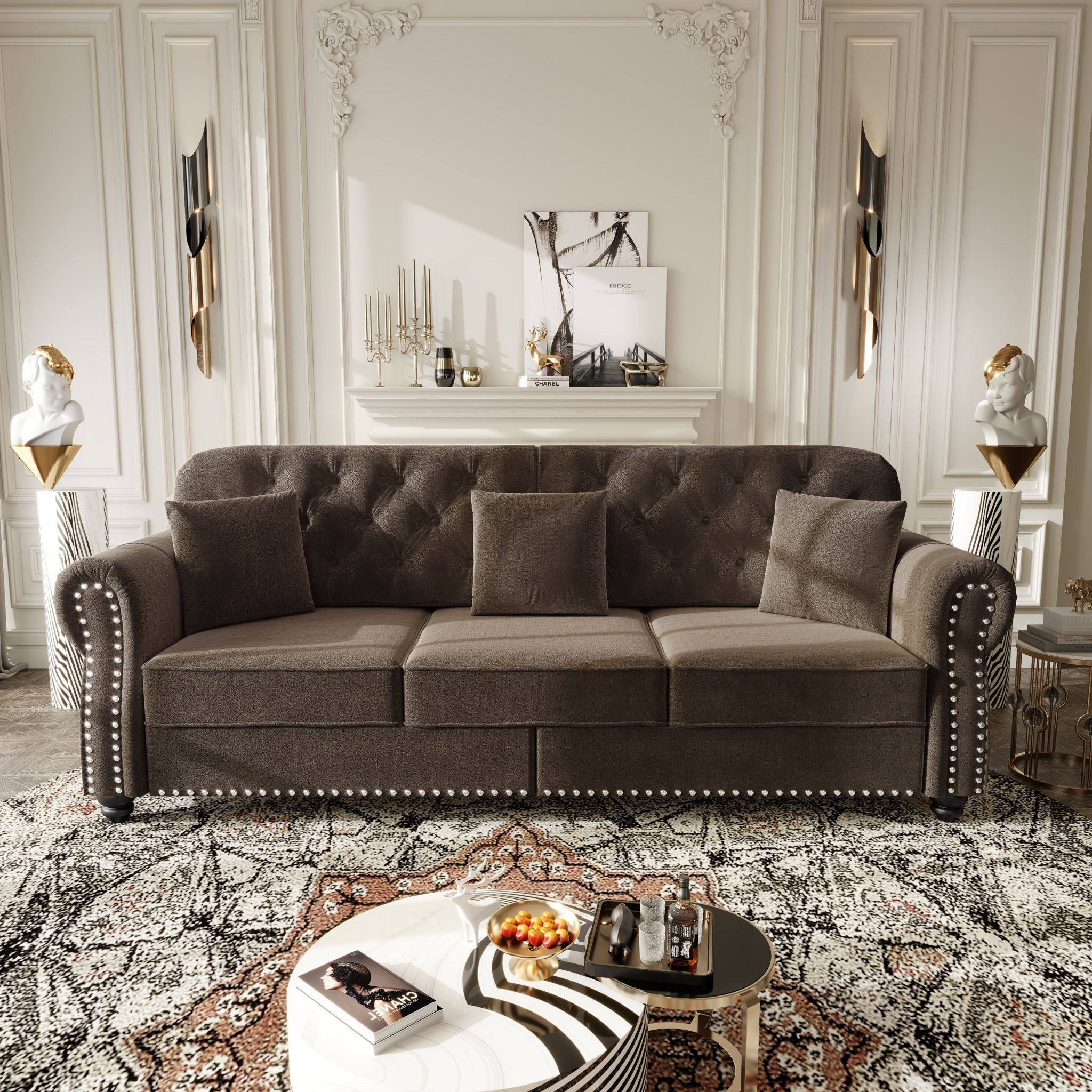 Upholstered 3 Seater Sofa Set With Ottoman