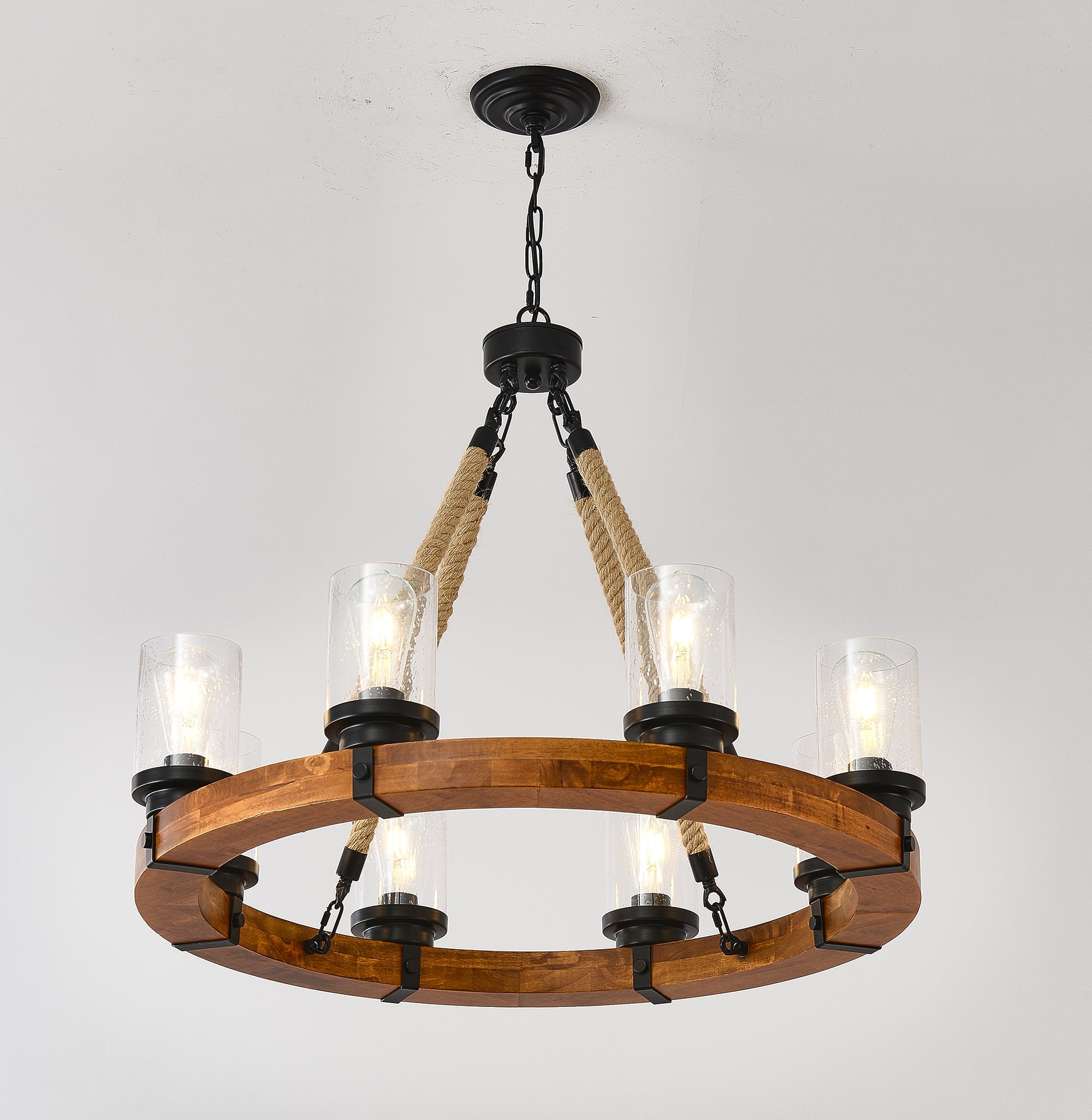 8 Light Rustic Wagon Wheel Chandelier, 31" Wooden Pendant Light with Seeded Glass Shade