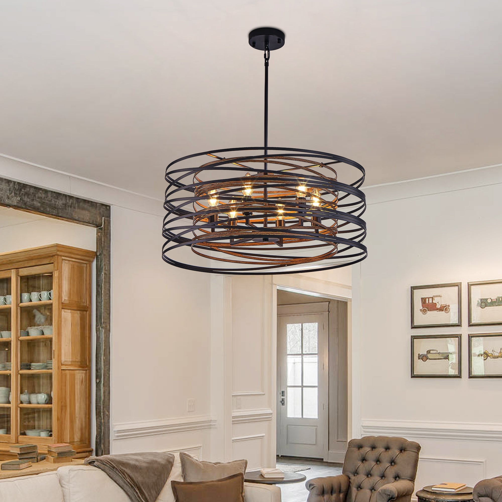 24" Rustic Industrial Black and Walnut Metal Cage Chandelier