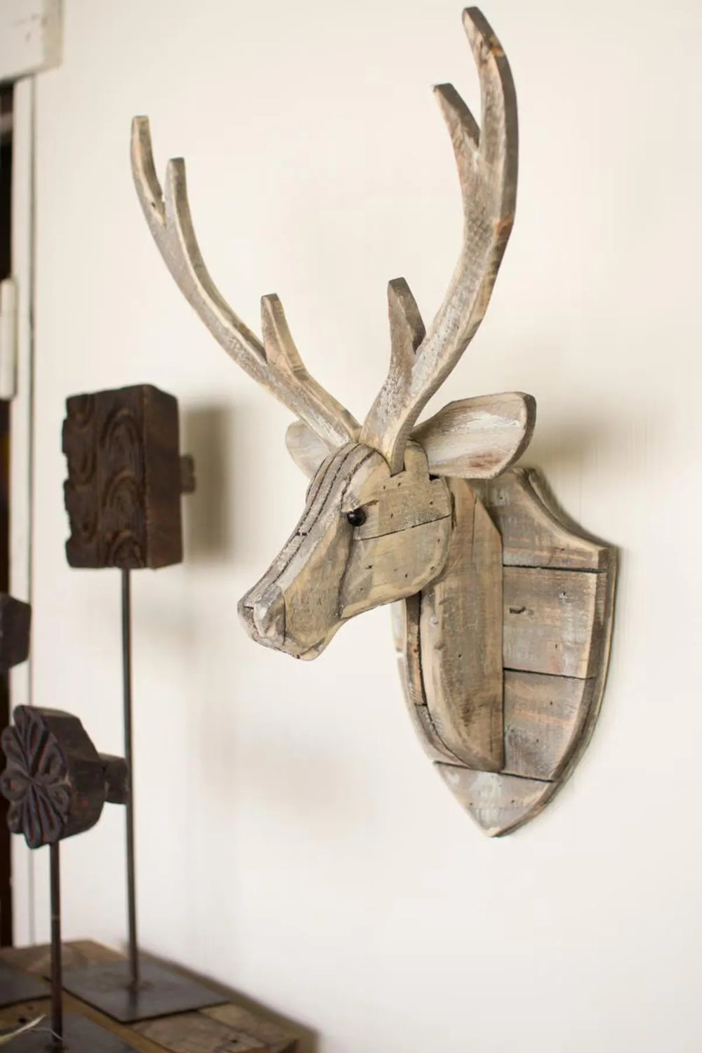 Aspenwood Whitewashed Reclaimed Wood Deer Head Wall Sculptures (Set of 2)