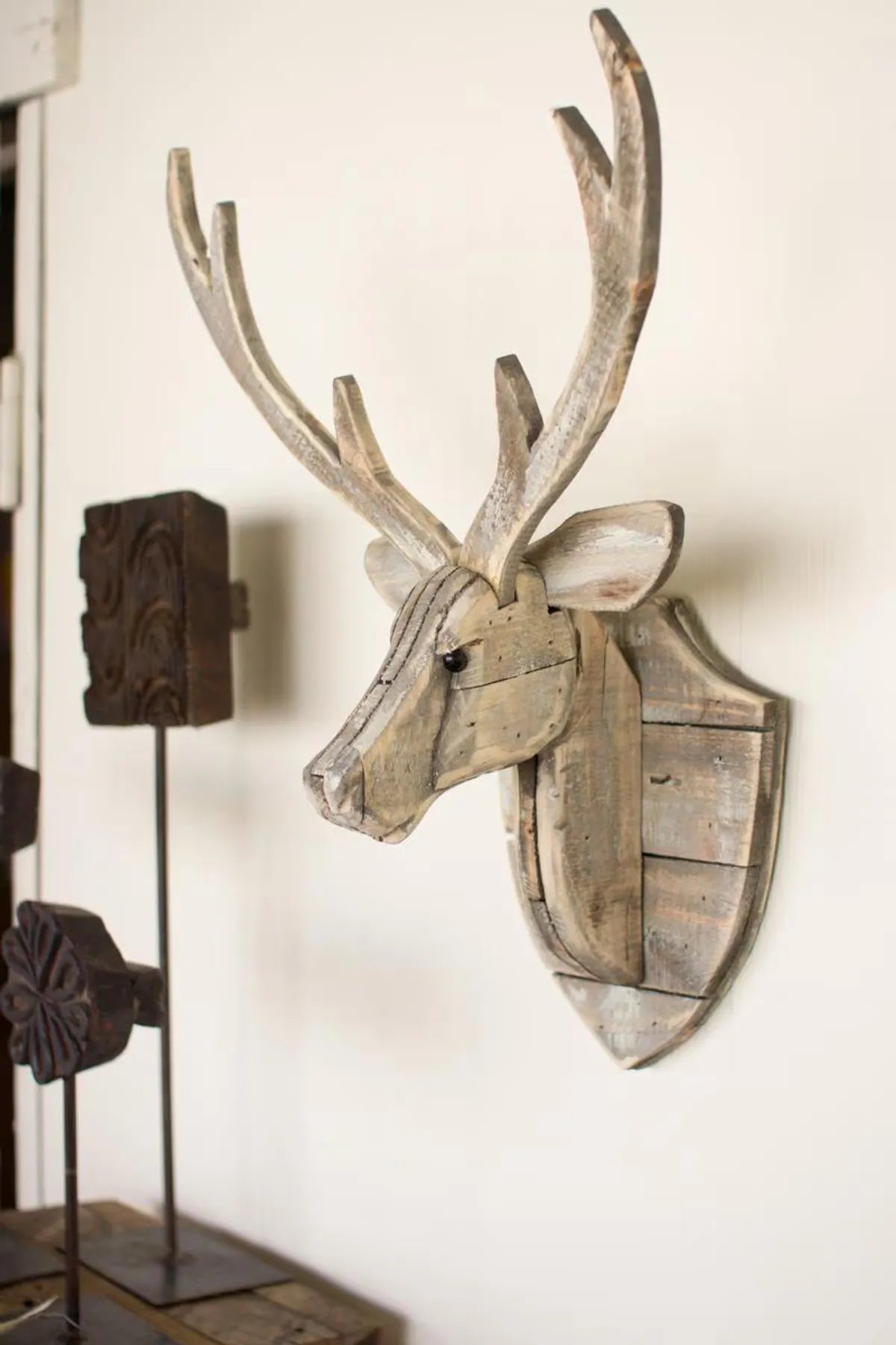 Aspenwood Whitewashed Reclaimed Wood Deer Head Wall Sculptures (Set of 2)