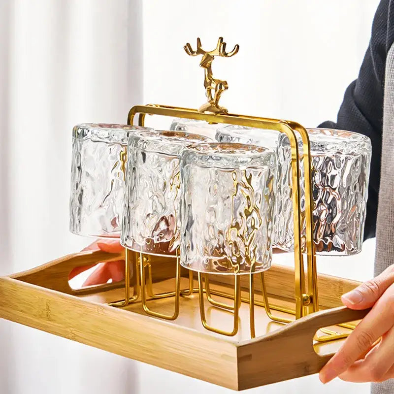 European gold deer glass storage rack with bamboo tray dining room