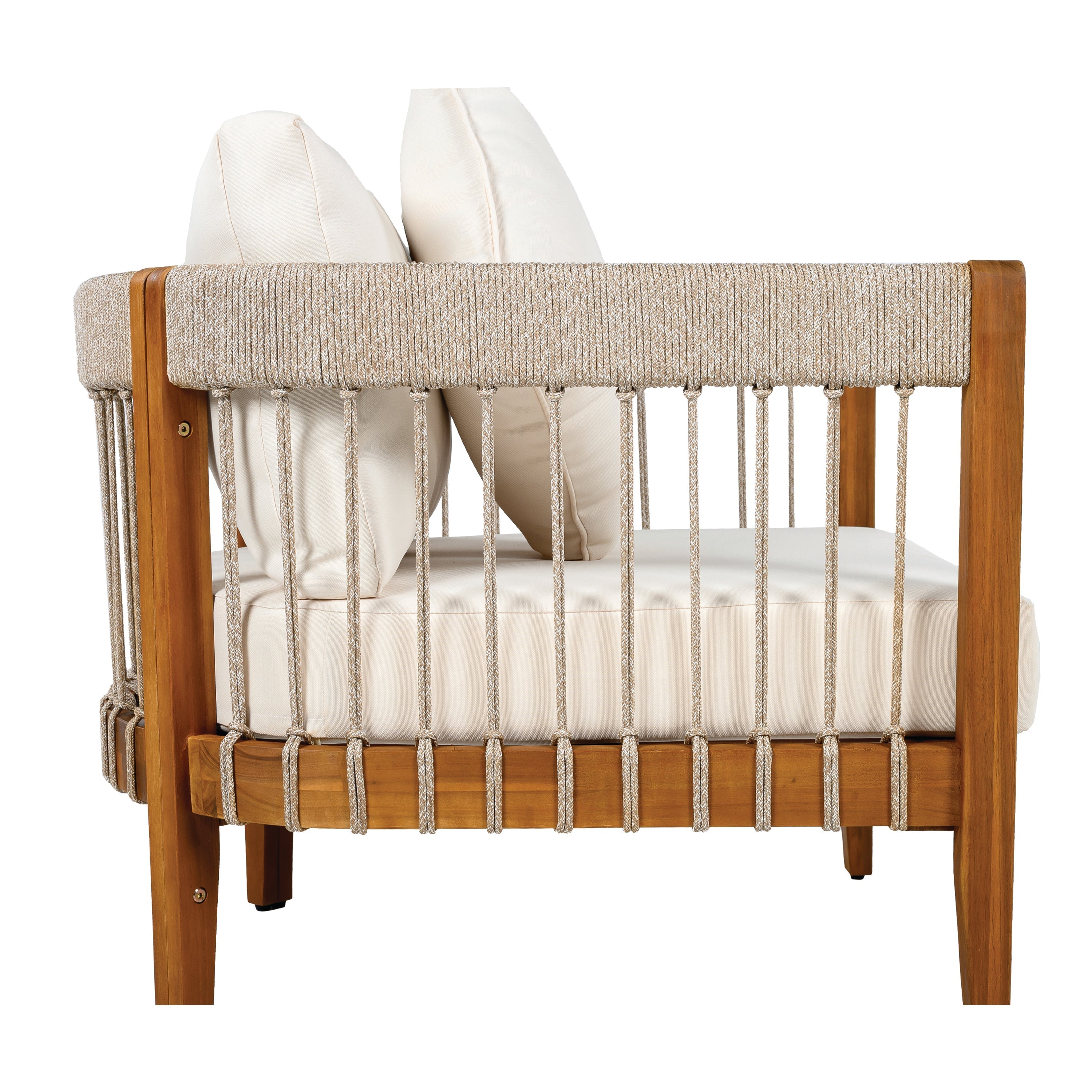 Acacia Wood Outdoor Club Chair with Handwoven Rope Accents & Curved Backrest