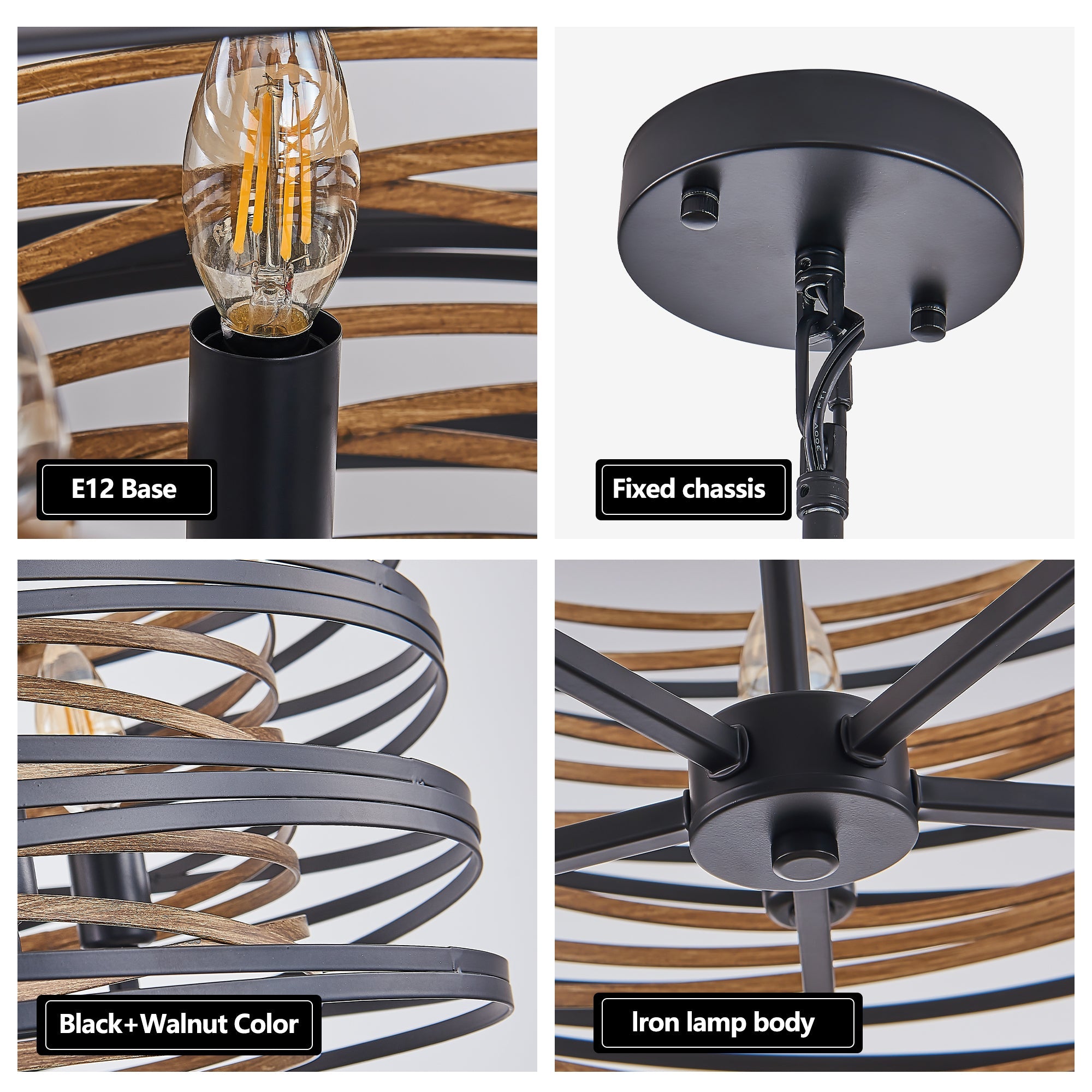 13" Rustic Industrial Pendant Light, 3-Light Black and Walnut Metal Cage Chandelier with Wood Accents