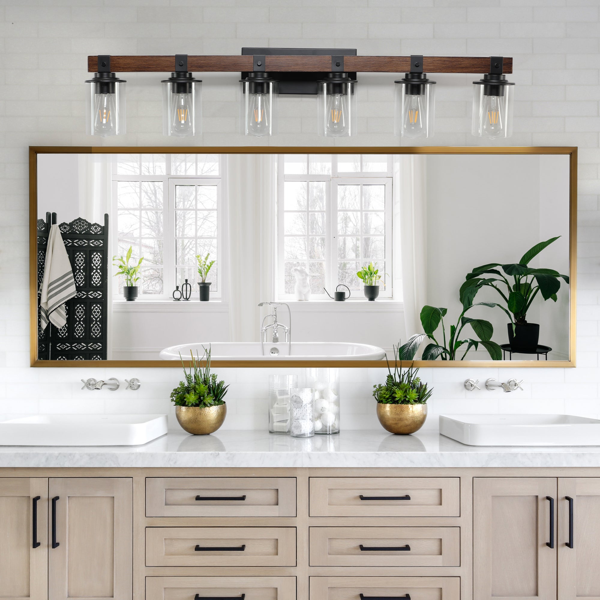 42" Rustic 6-Light Wall Sconce with Glass and Wood Accent