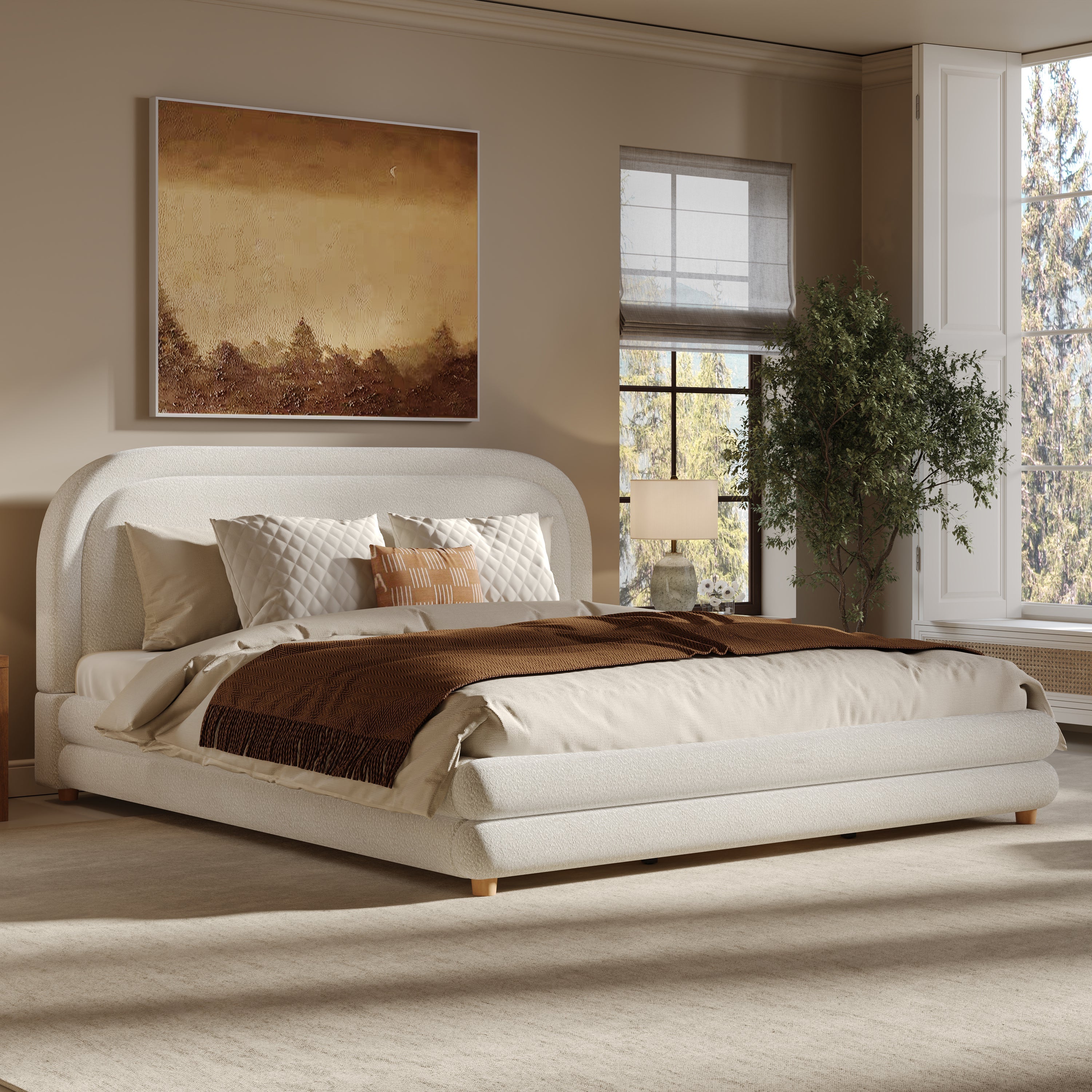 King Size Bed Frame With Boucle Upholstered Thick Curved Headboard, Solid Wood Legs