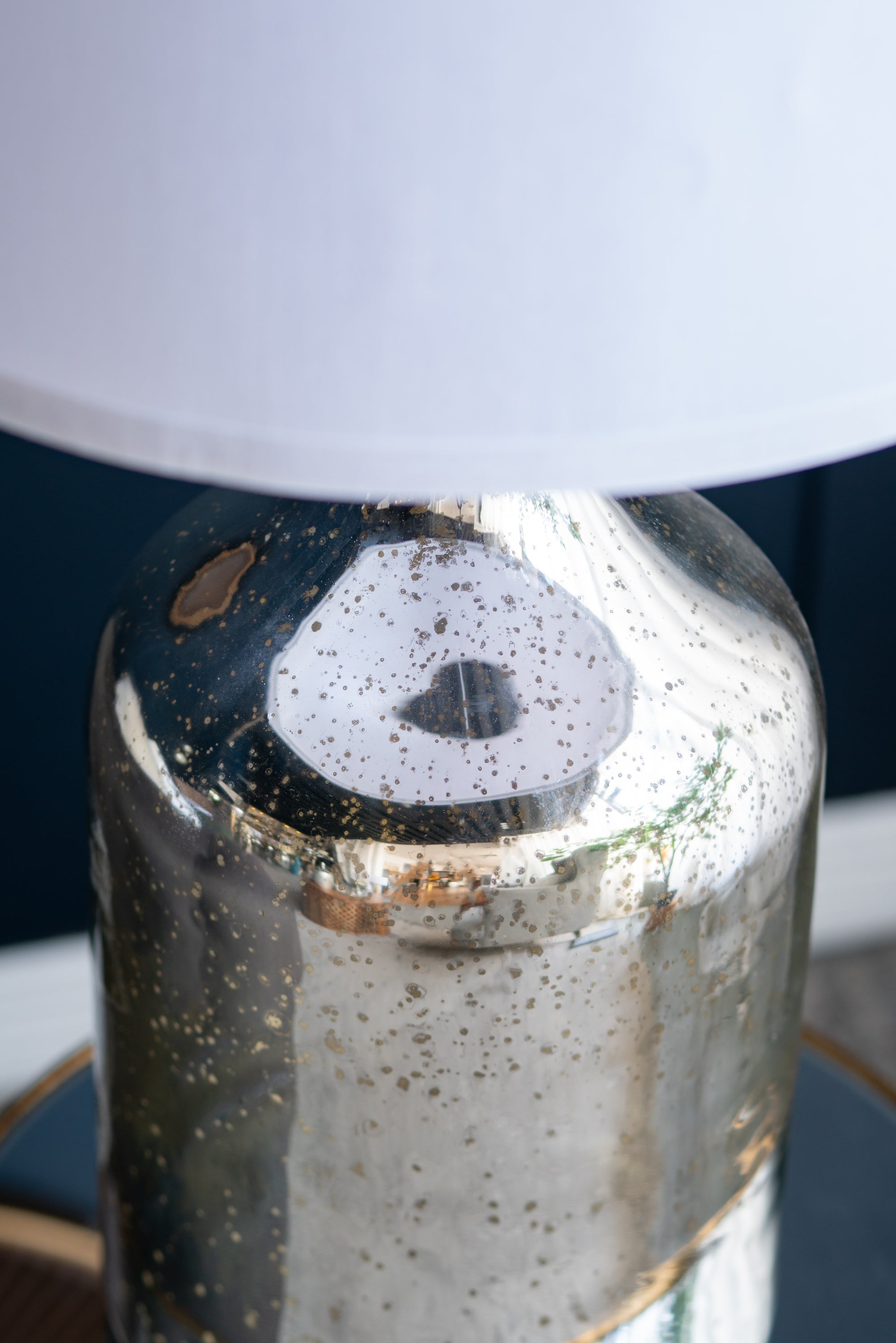 Silver Round Table Lamp with White Fabric Shade