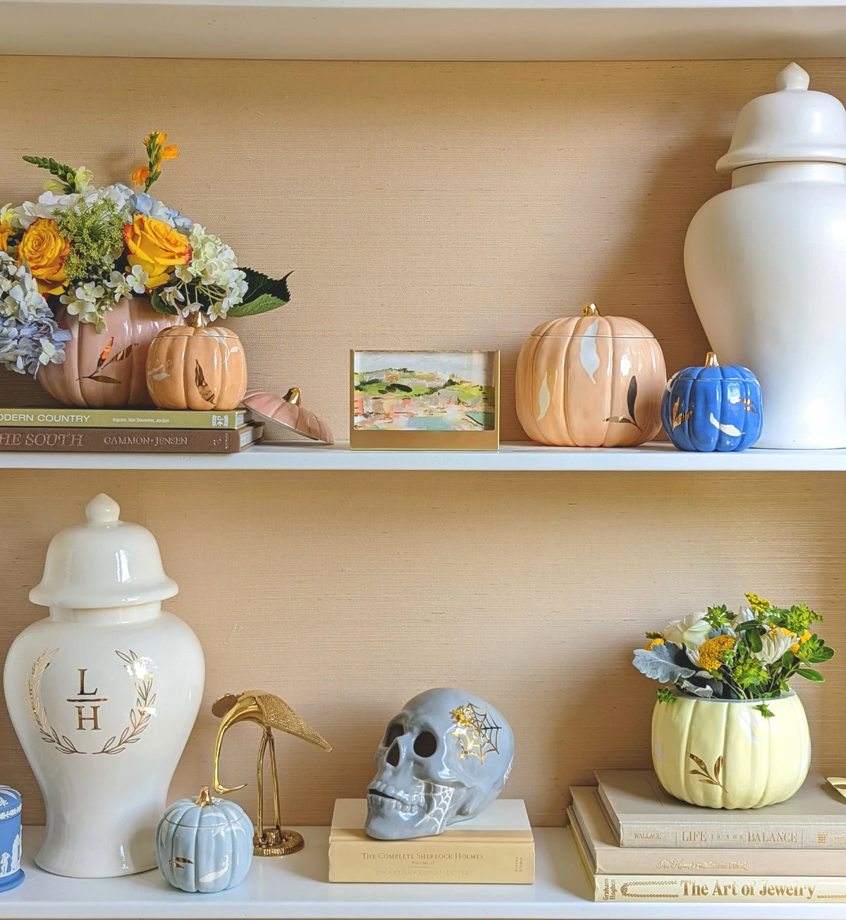 Layered Leaves Pumpkin Jars with 22K Gold Accents in Light Blue