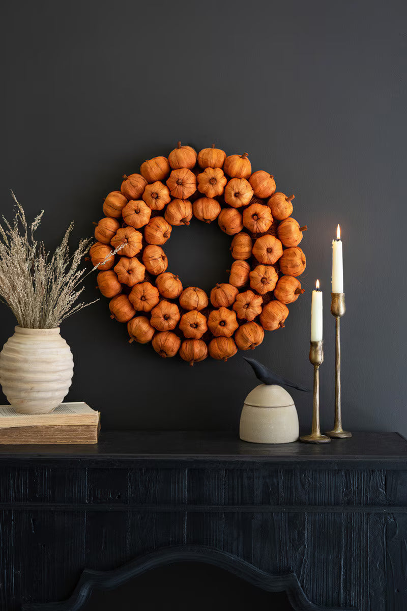 Orange Faux Pumpkin Fall Wreath Set of 2