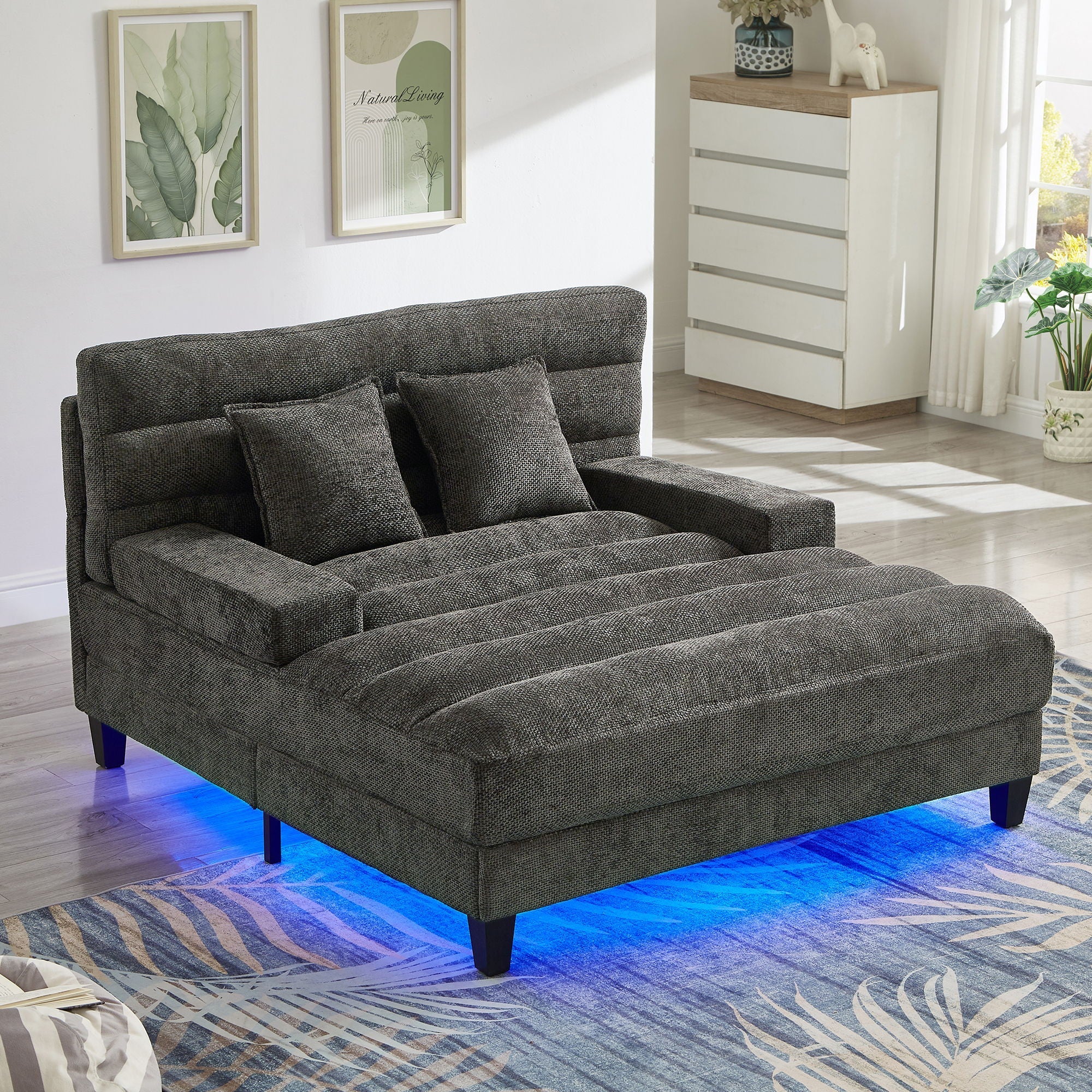 Chaise Bed Lounge Sofa Chair with Adjustable Backrest and LED Light Strip