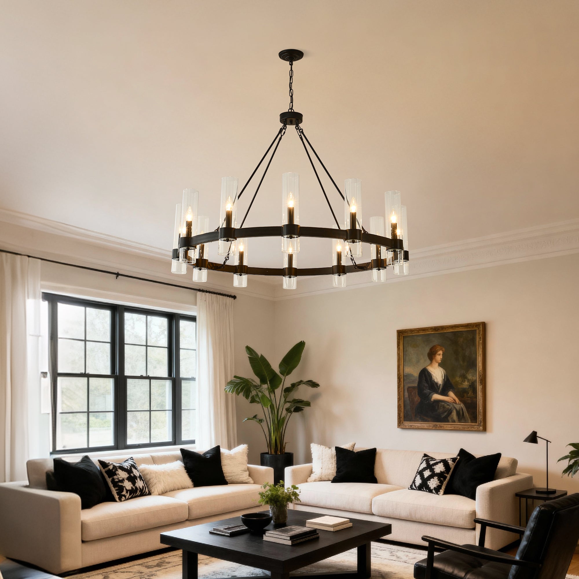 12-Light Matte Black Wagon Wheel Chandelier