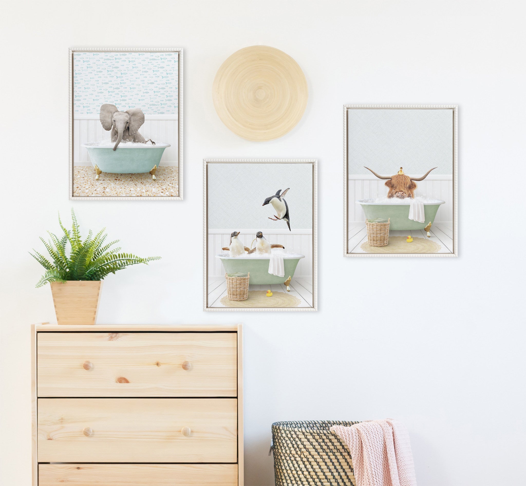 Sylvie Beaded Baby Elephant in Little Fish Bath Framed Canvas by Amy Peterson