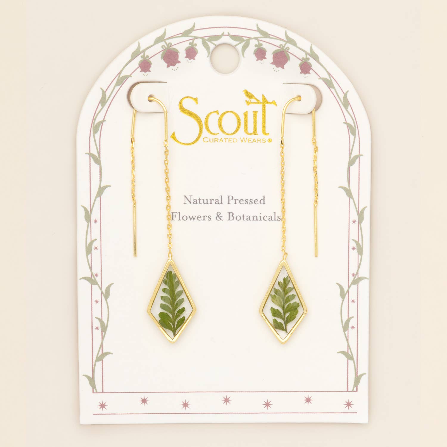 Pressed Flower Thread Earring - Green Bracken Fern/Gold