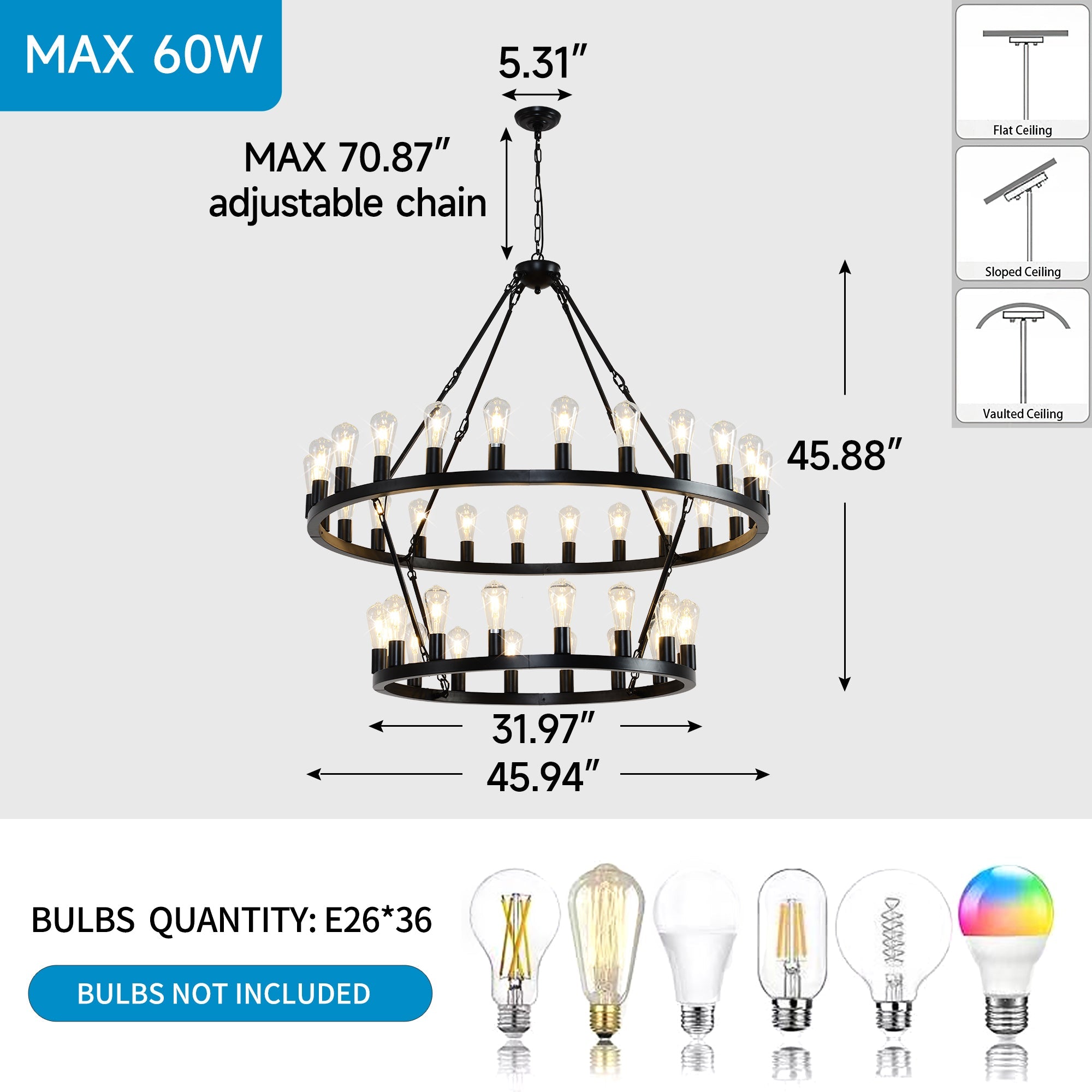 36-Lights 2-Level Matte Black Wagon Wheel Chandelier (24+12)