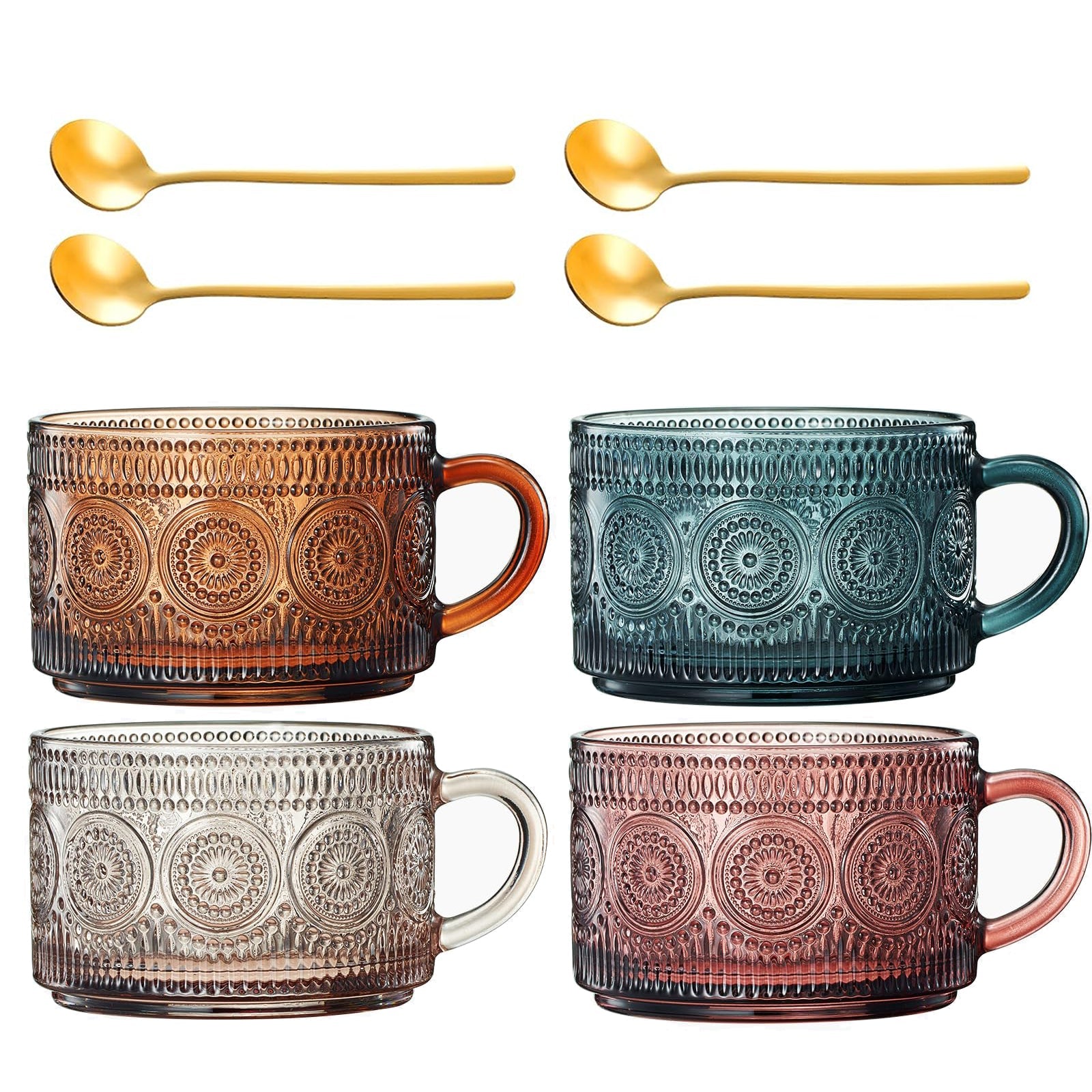 Colored Vintage Coffee Mug Set Set Of 4 15OZ Unique Flower Hobnail Glasses Overnight Oats Container